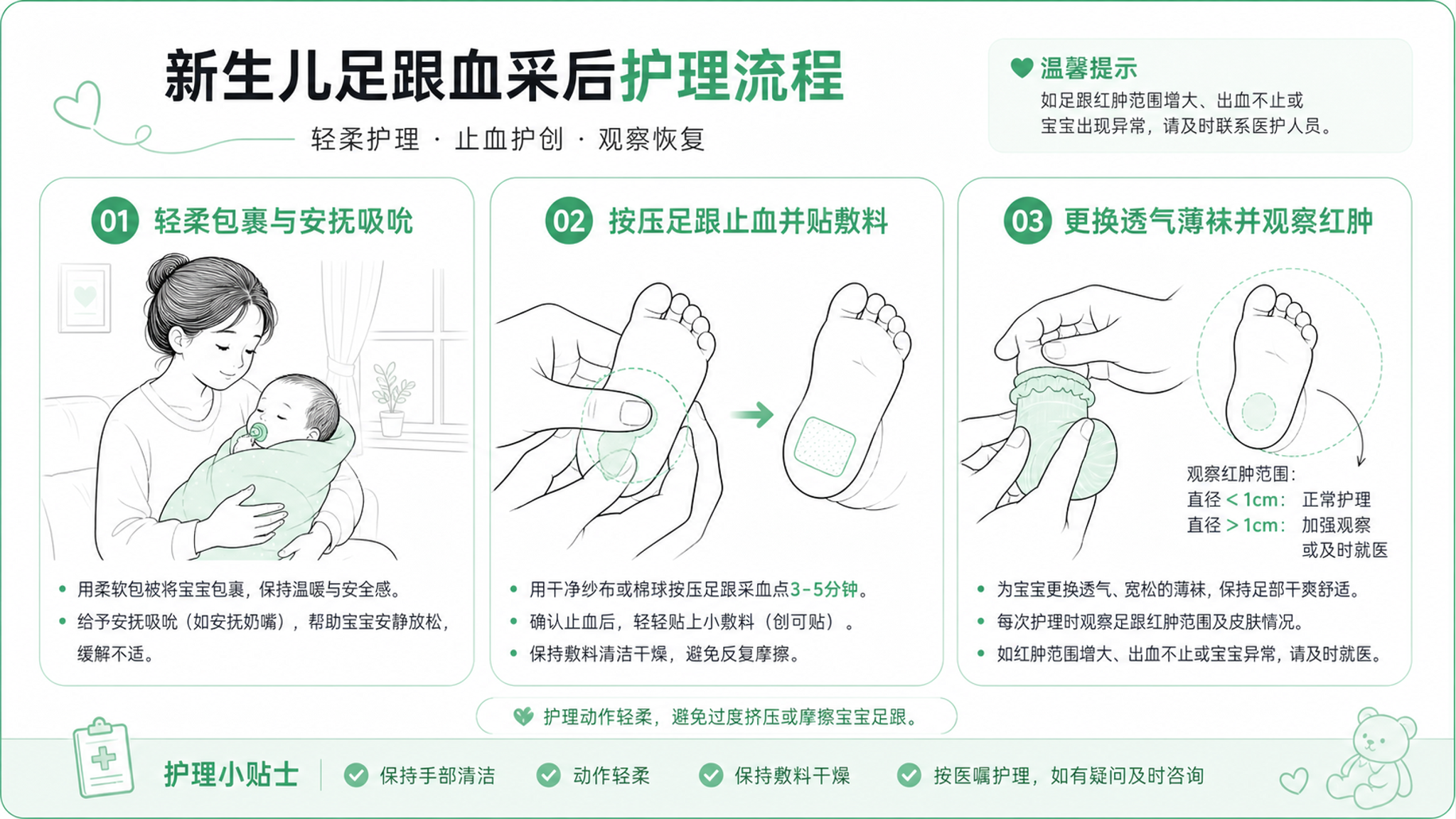 中国新手妈妈在明亮整洁的家中为新生儿做足跟血采后护理流程示意，画面分三格信息图：第一格轻柔包裹与安抚