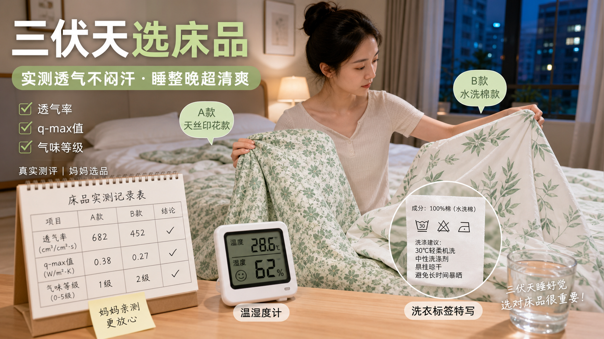 中国家庭卧室场景，三伏天夜晚氛围，年轻中国妈妈（产后形象，穿简洁家居服）坐在床边对比两套绿白清新风床