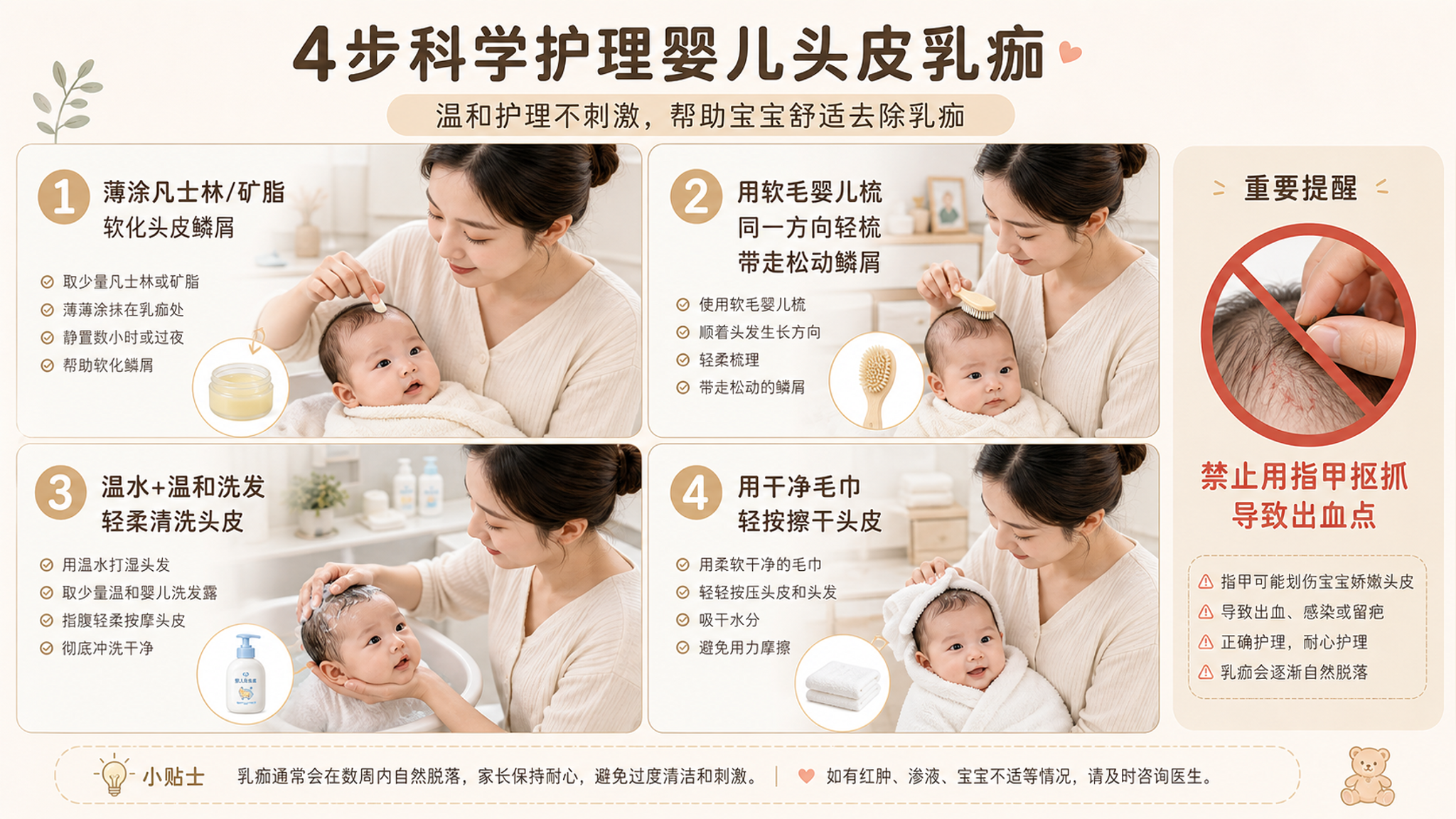 宝宝头皮黄硬壳别抠：3步温柔去乳痂