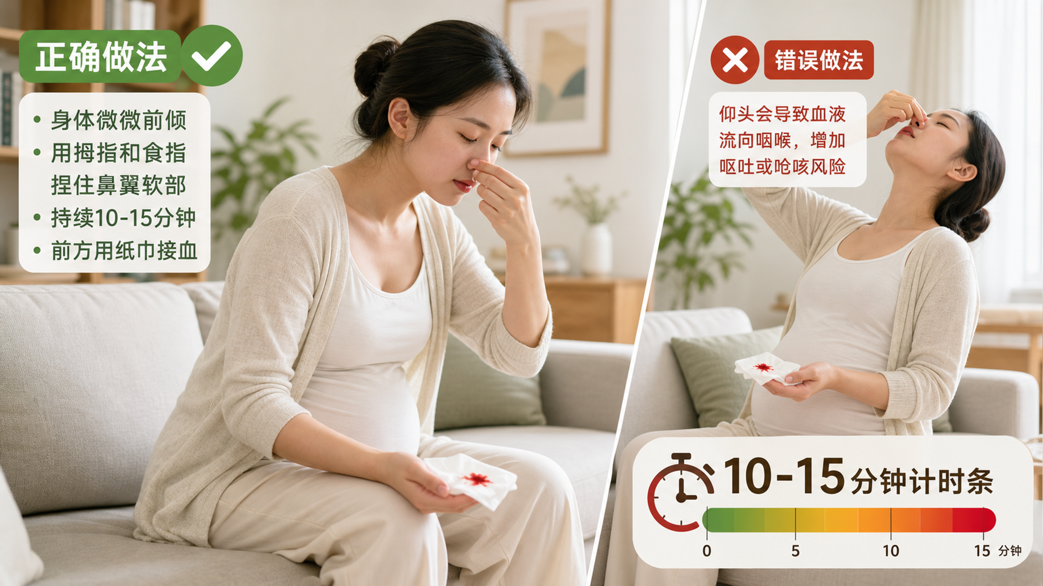 孕期鼻出血别仰头：捏对位置10-15分钟才止住
