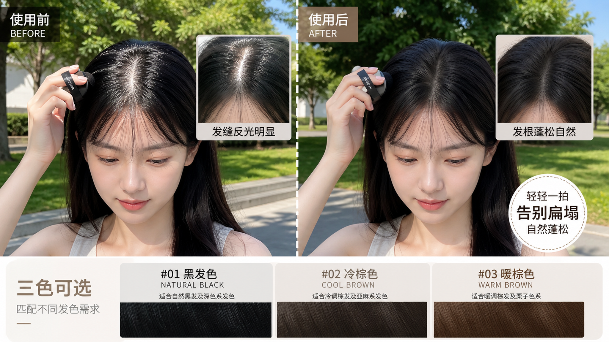 户外晴天公园场景,一位中国年轻女性站在树荫与阳光交界处,左侧为“使用前”发缝反光明显、刘海微贴额头,