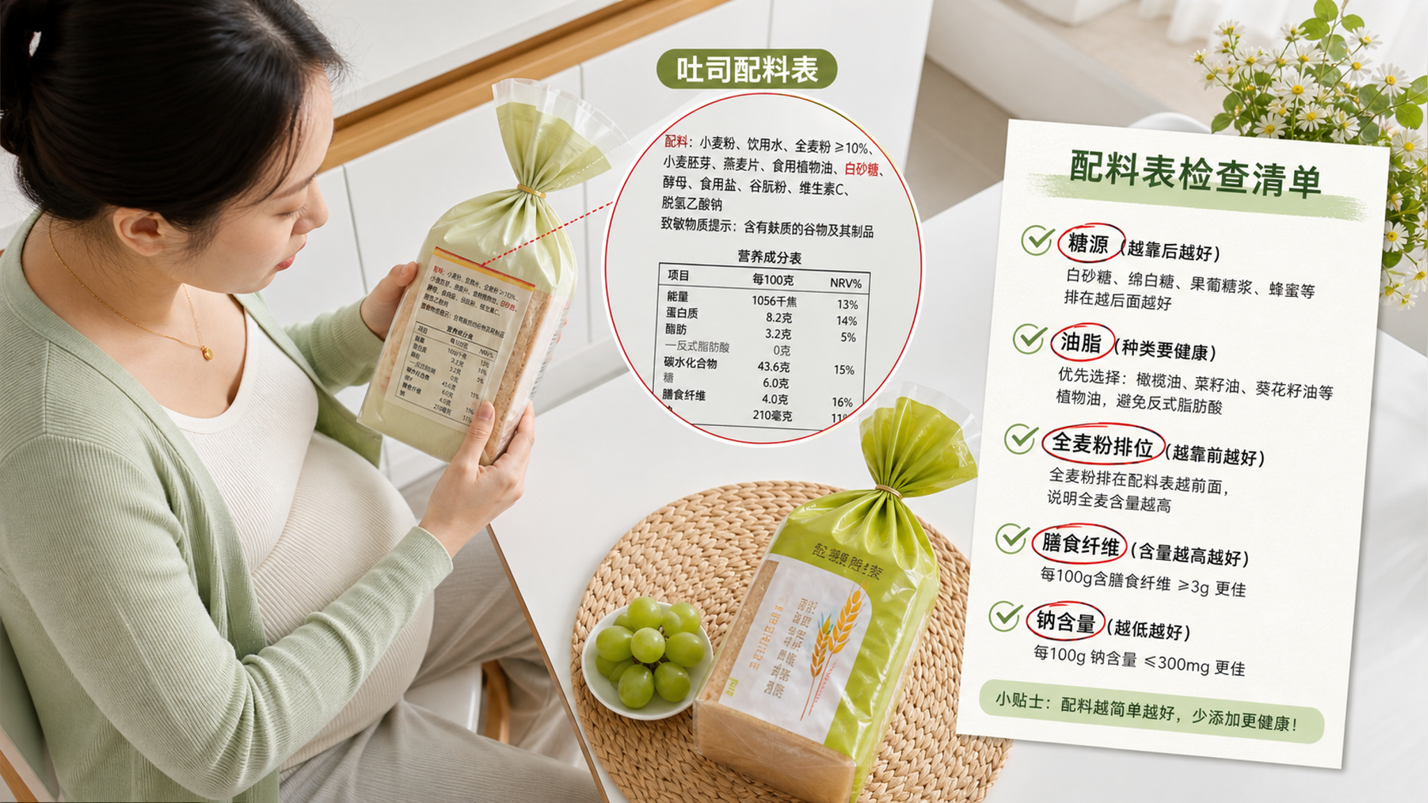 中国孕妈在明亮干净的厨房餐桌前,手里拿着一包吐司认真查看配料表,桌上摆放两种吐司包装(不出现真实品牌