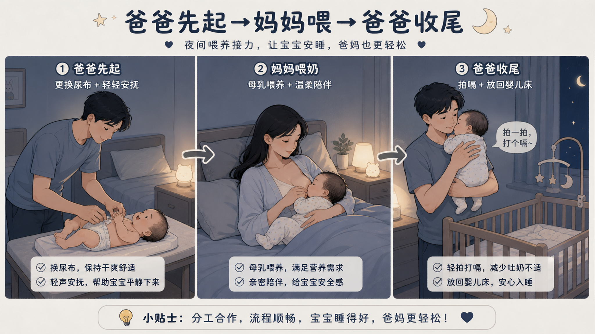 夜奶别硬扛：夫妻10分钟交接，妈妈少醒少疼