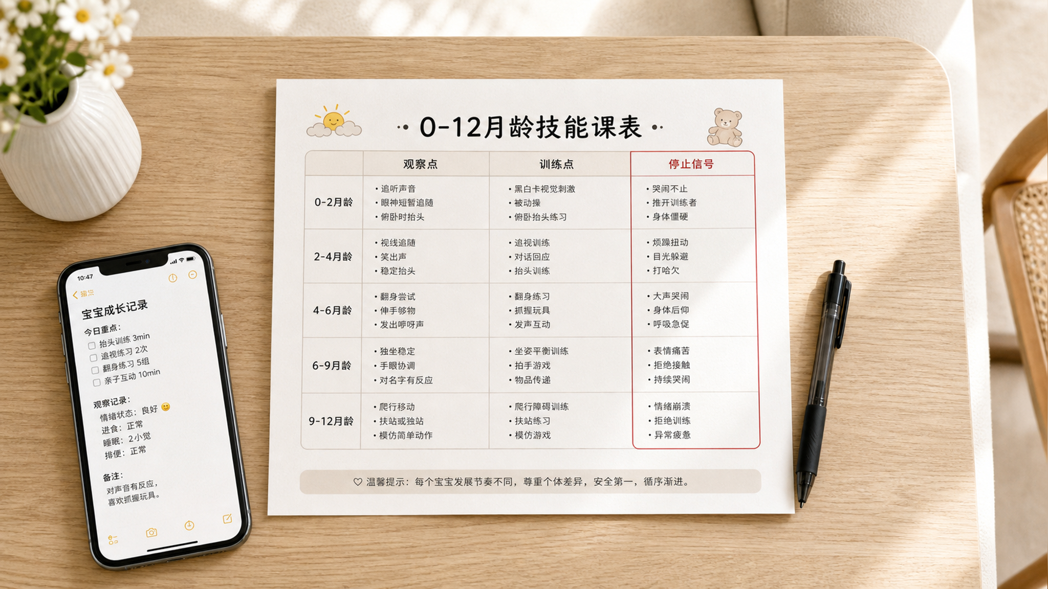 0-12月龄别做打卡训练表：一张三栏技能课表就够