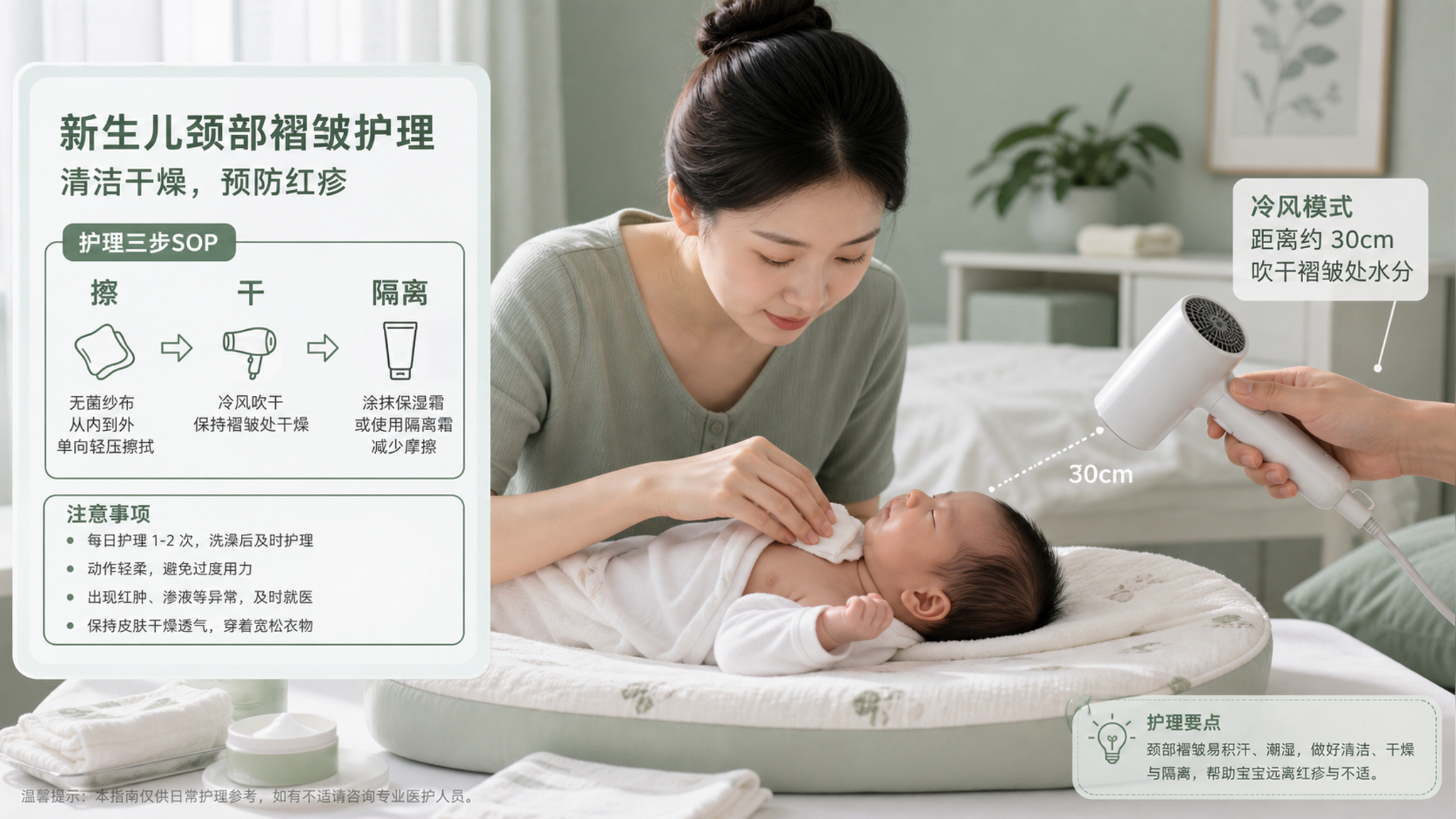 新生儿脖子又红又臭？别抹油撒粉，1分钟擦吹隔离