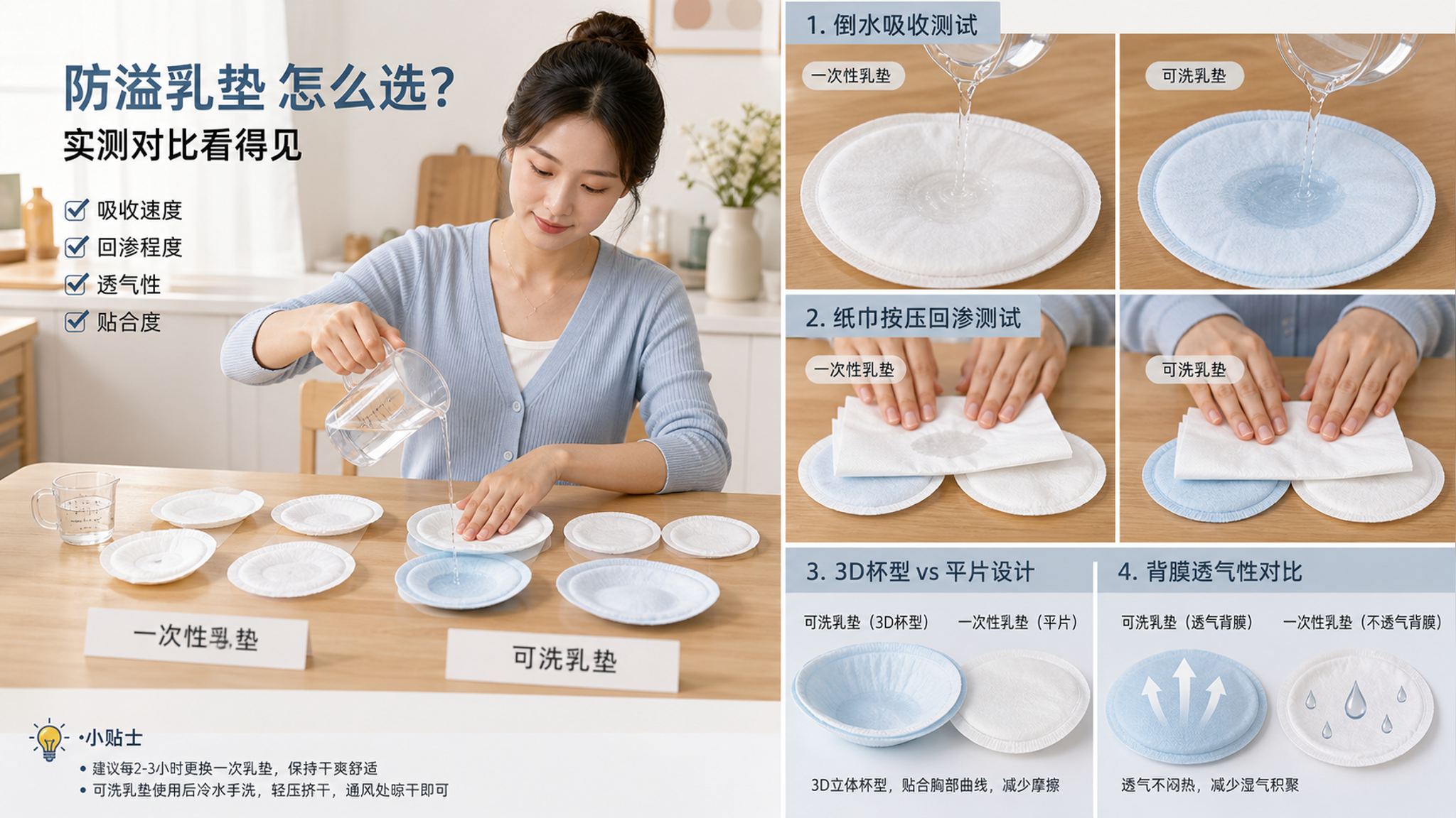 中国年轻妈妈在家中明亮的餐桌旁做防溢乳垫对比实验,桌面摆放一次性乳垫与可洗乳垫各2-3片、透明量杯少