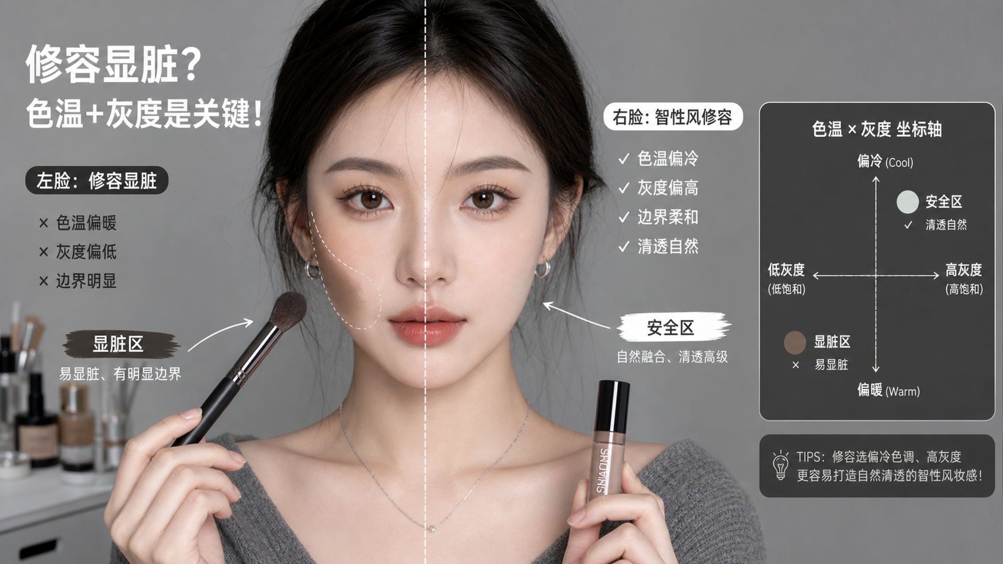中国年轻女性美妆博主在干净的化妆台前进行修容教学,画面分屏展示左右脸对照:左脸修容显脏有明显边界,右