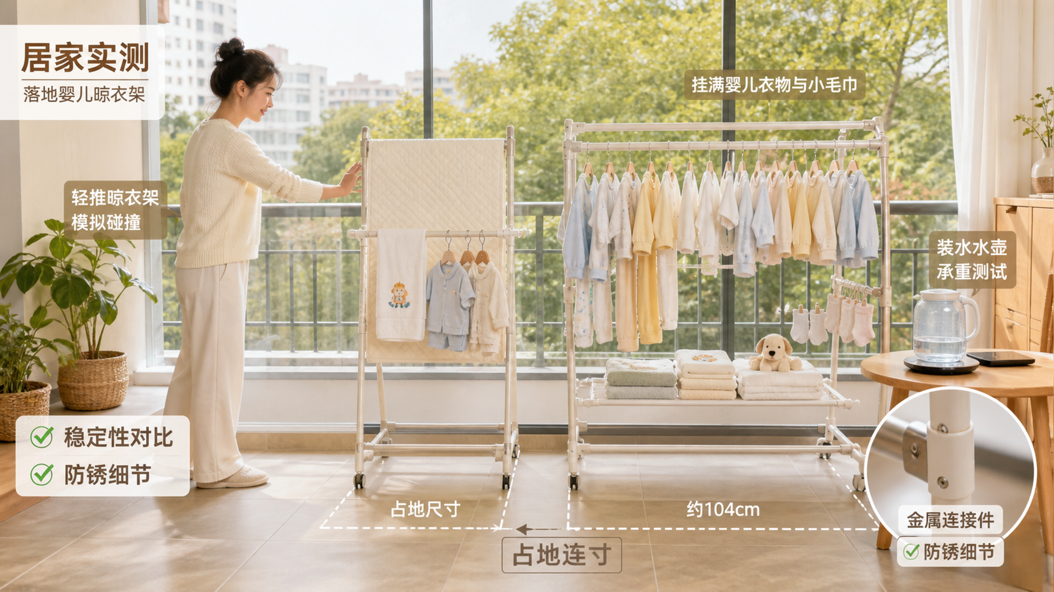 中国年轻妈妈在家中阳台进行落地婴儿晾衣架居家实测,对比晾衣架稳定性与防锈细节,妈妈一手轻推晾衣架模拟