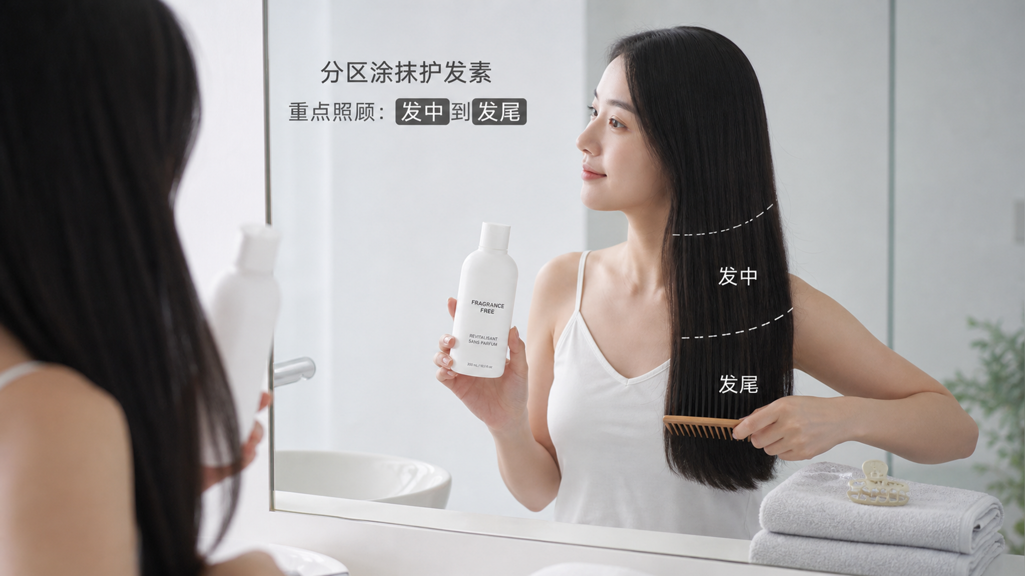 明亮极简浴室场景,中国年轻女性站在镜子前,将头发分区示意“发中到发尾”区域,手里拿无香护发素瓶,另一
