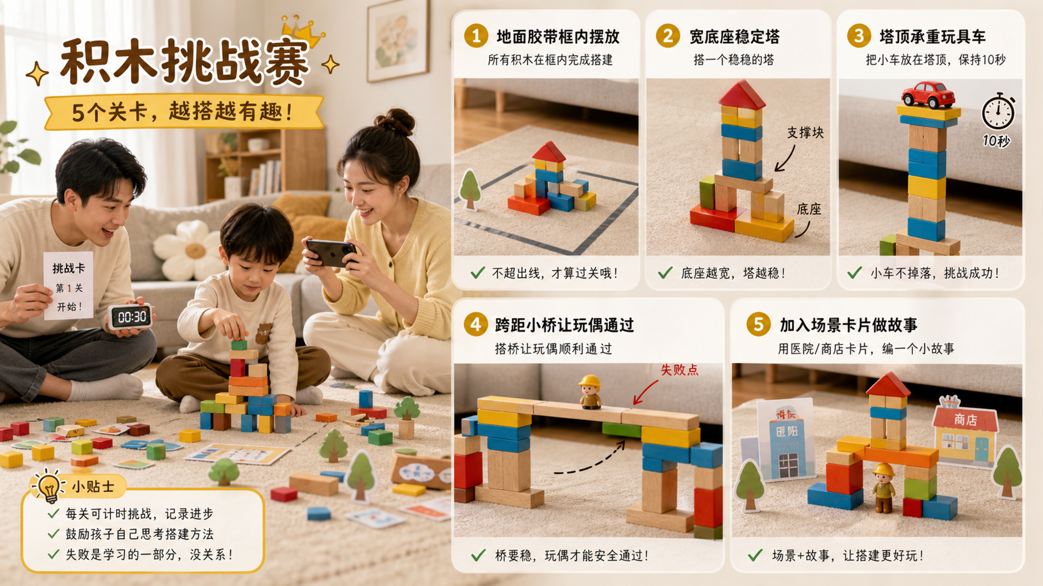 孩子积木只会推倒？用5关挑战把他带到“会搭桥”