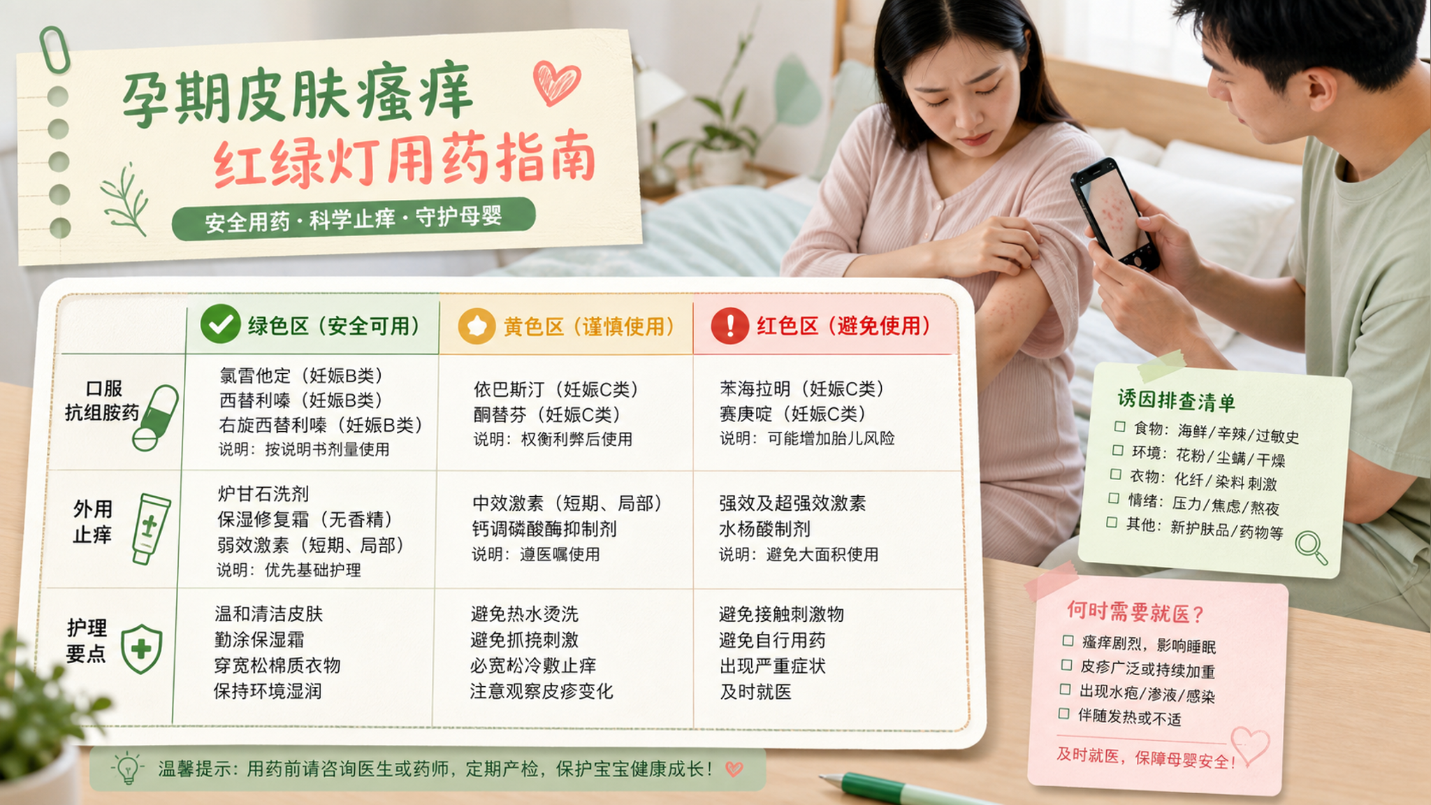 孕期荨麻疹痒到睡不着？口服外用止痒红绿灯