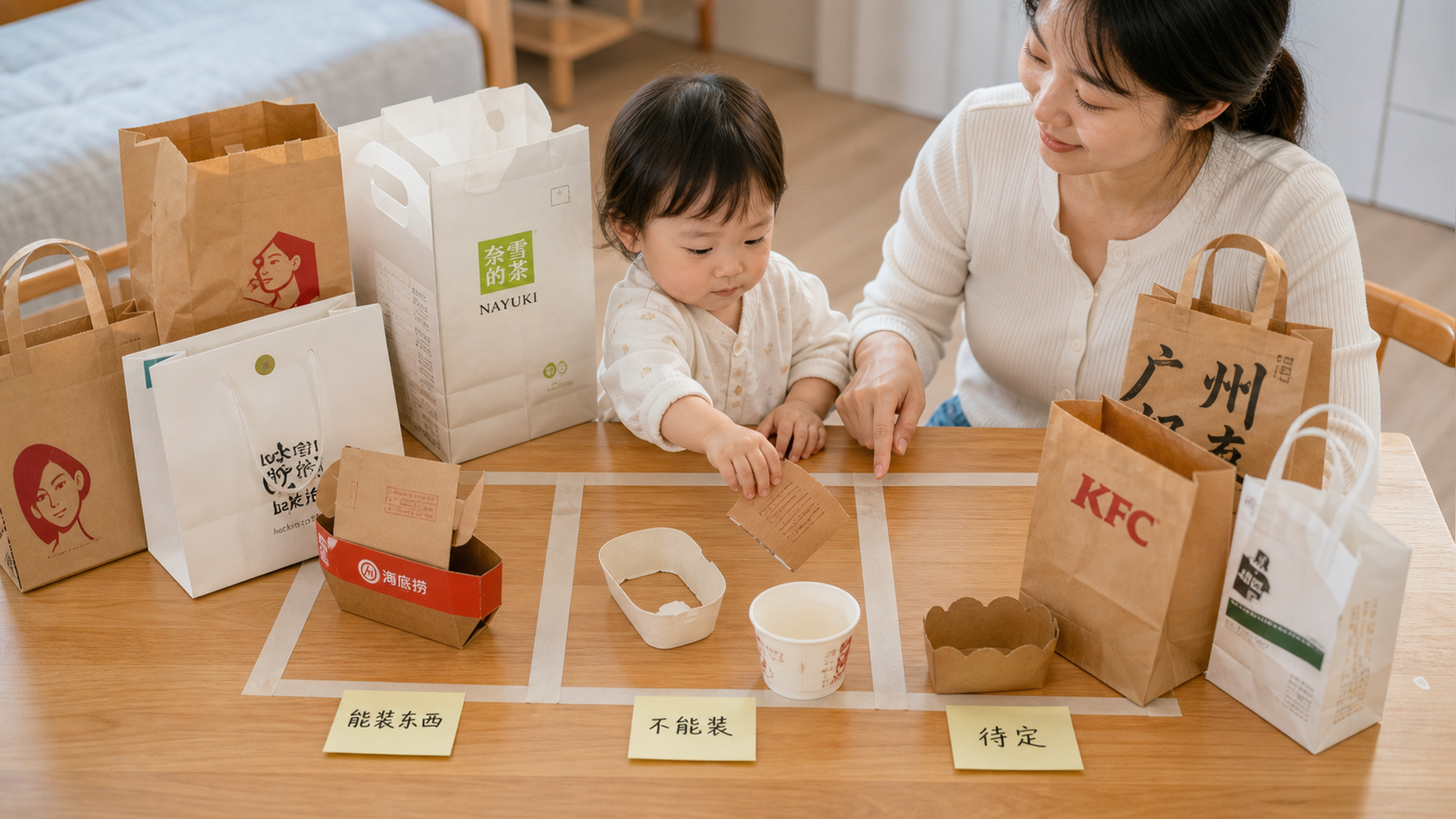 外卖包装别急着扔 3格分类让娃安静玩10分钟