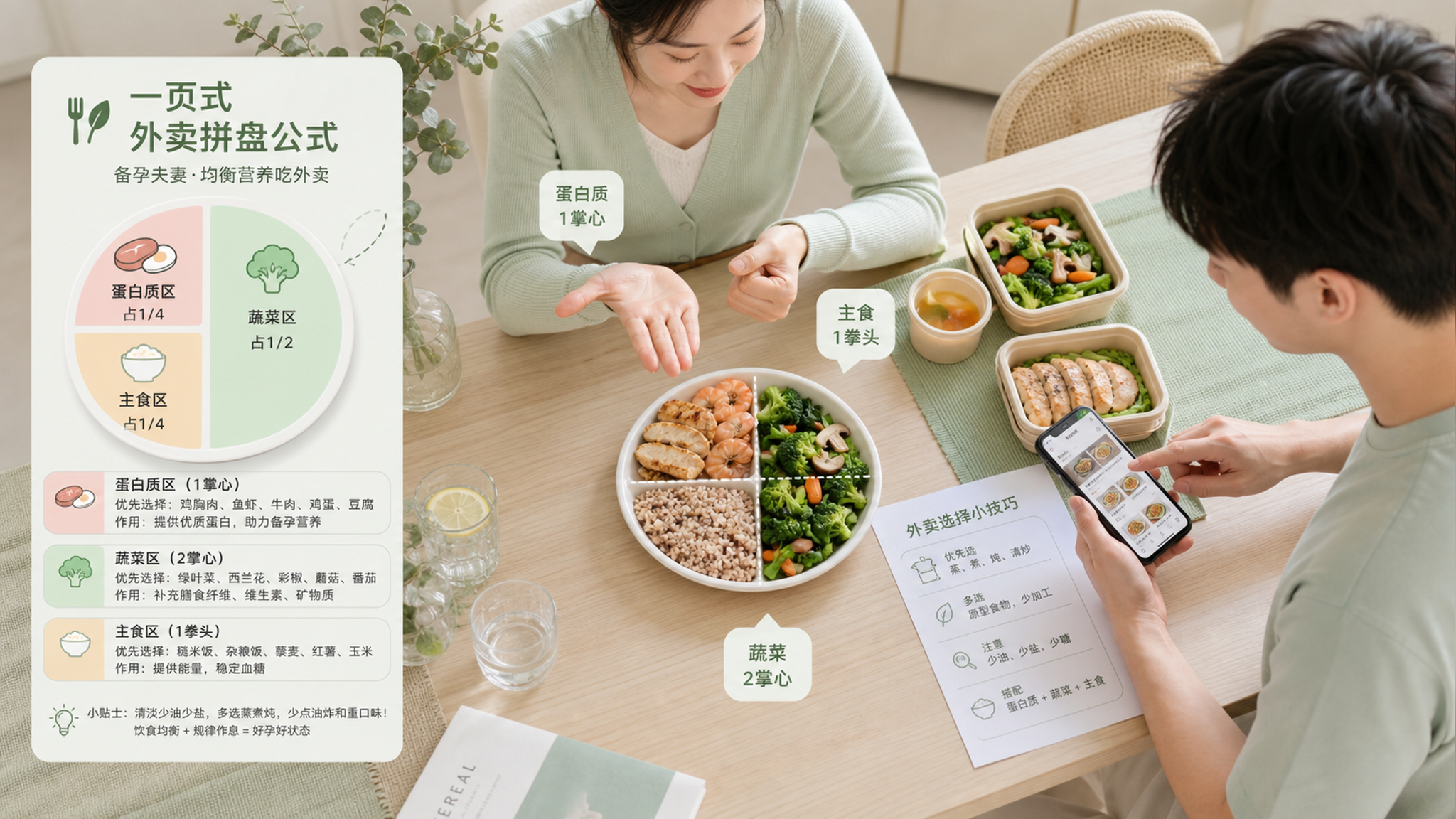 中国年轻备孕夫妻在家中餐桌旁，桌面俯拍视角为主，女性正在用手势比出“掌心/拳头”对照餐盘分量，男性在