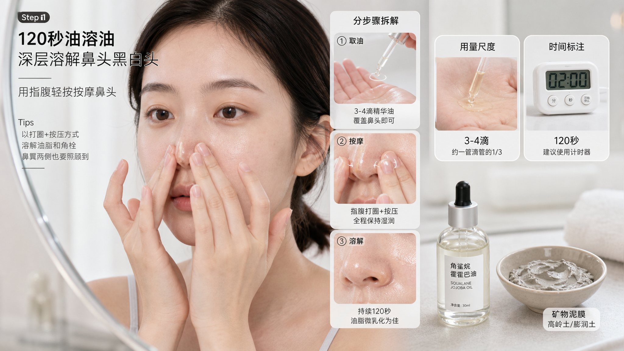 鼻头白粒别挤：油溶油120秒+T区短泥膜