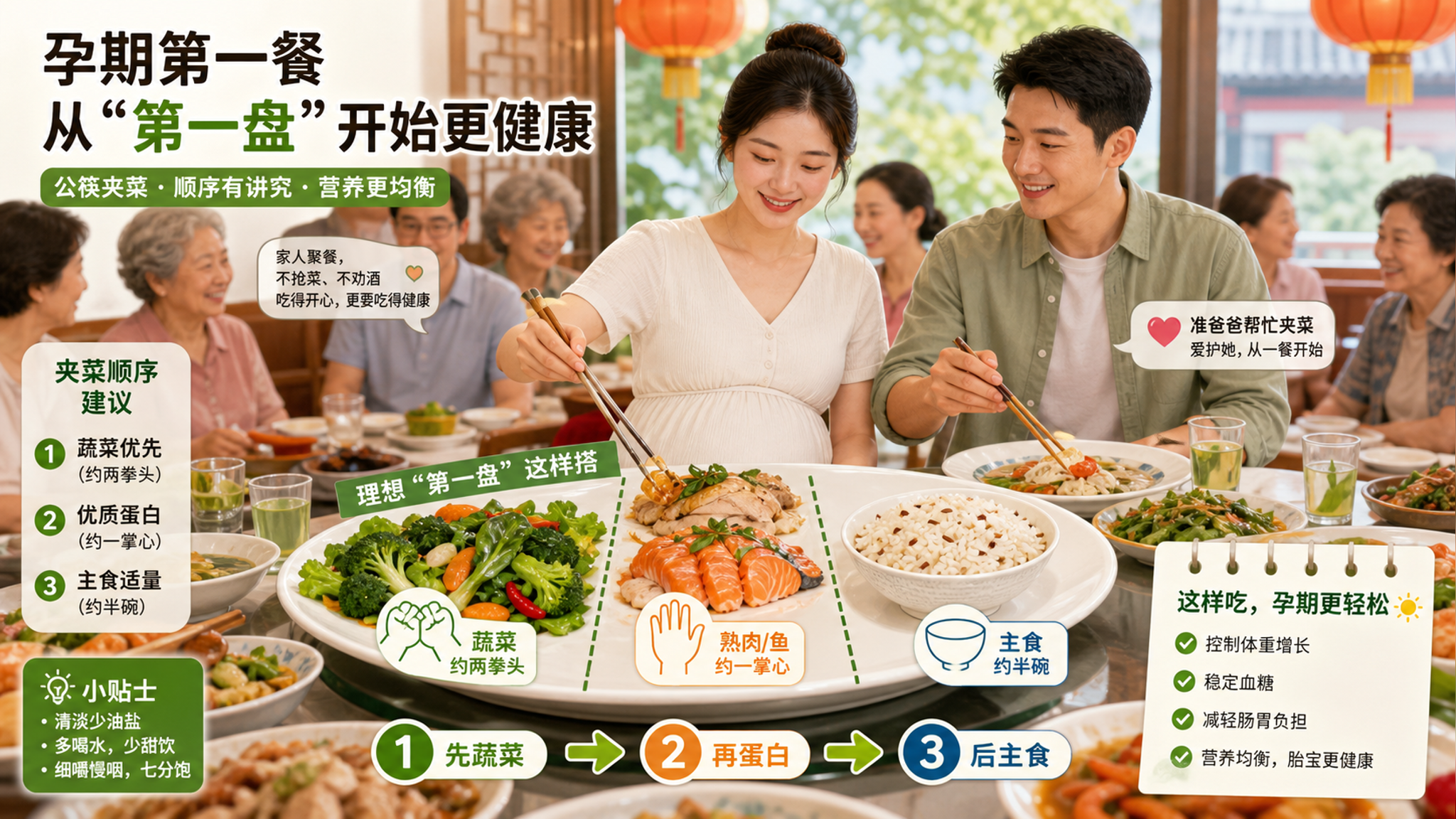初伏聚餐孕妈这样夹菜：先2拳蔬菜再1掌蛋白最后半碗主食