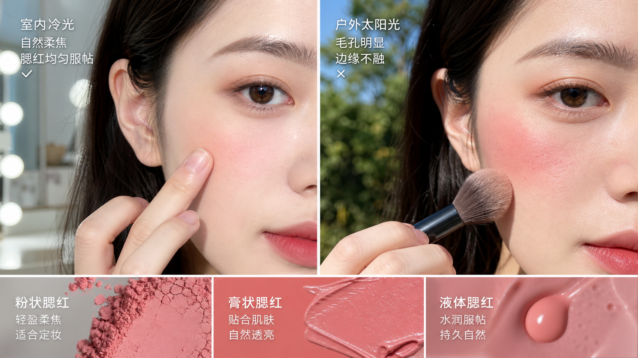 同色号腮红也会翻车：粉/膏/液谁最显毛孔显脏