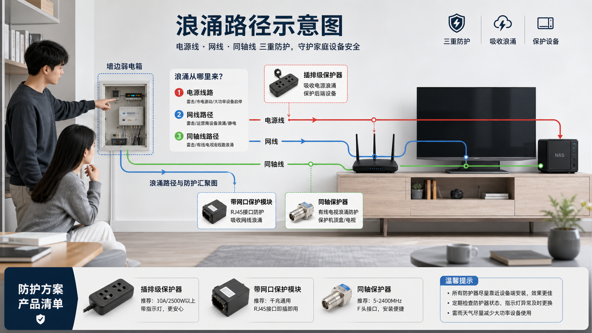 中国家庭客厅与书房的剖面式场景示意图，一位中国年轻男性在墙边弱电箱旁指向示意板讲解，旁边中国年轻女性