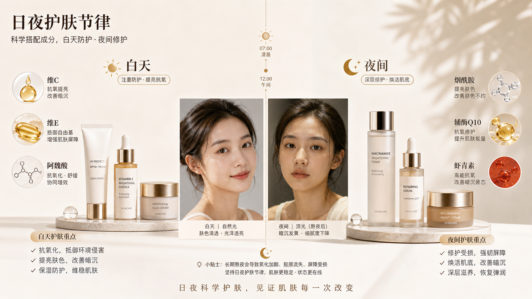 熬夜脸蜡黄怎么救：抗氧化分白天/夜间用
