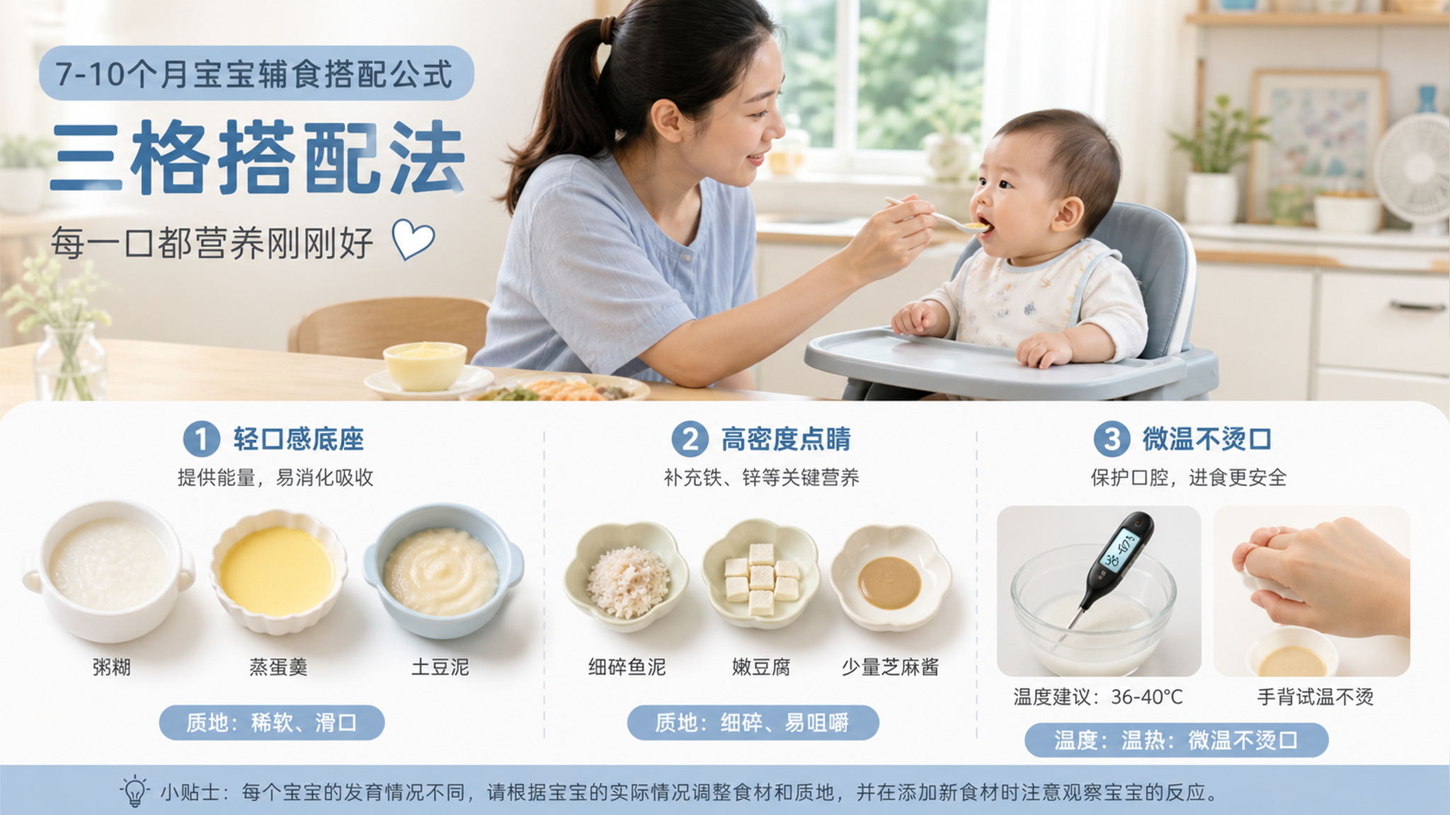 天热吃两口就推碗？7-10个月辅食用这套“轻底座+密度点睛”