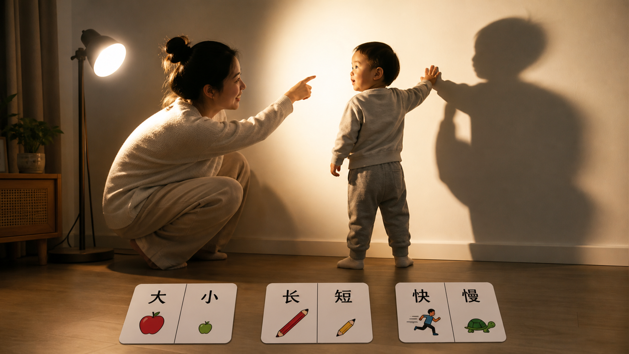 中国年轻妈妈与中国2岁左右幼儿在家庭客厅进行“影子游戏”,一盏台灯照向浅色墙面形成清晰高对比影子,妈
