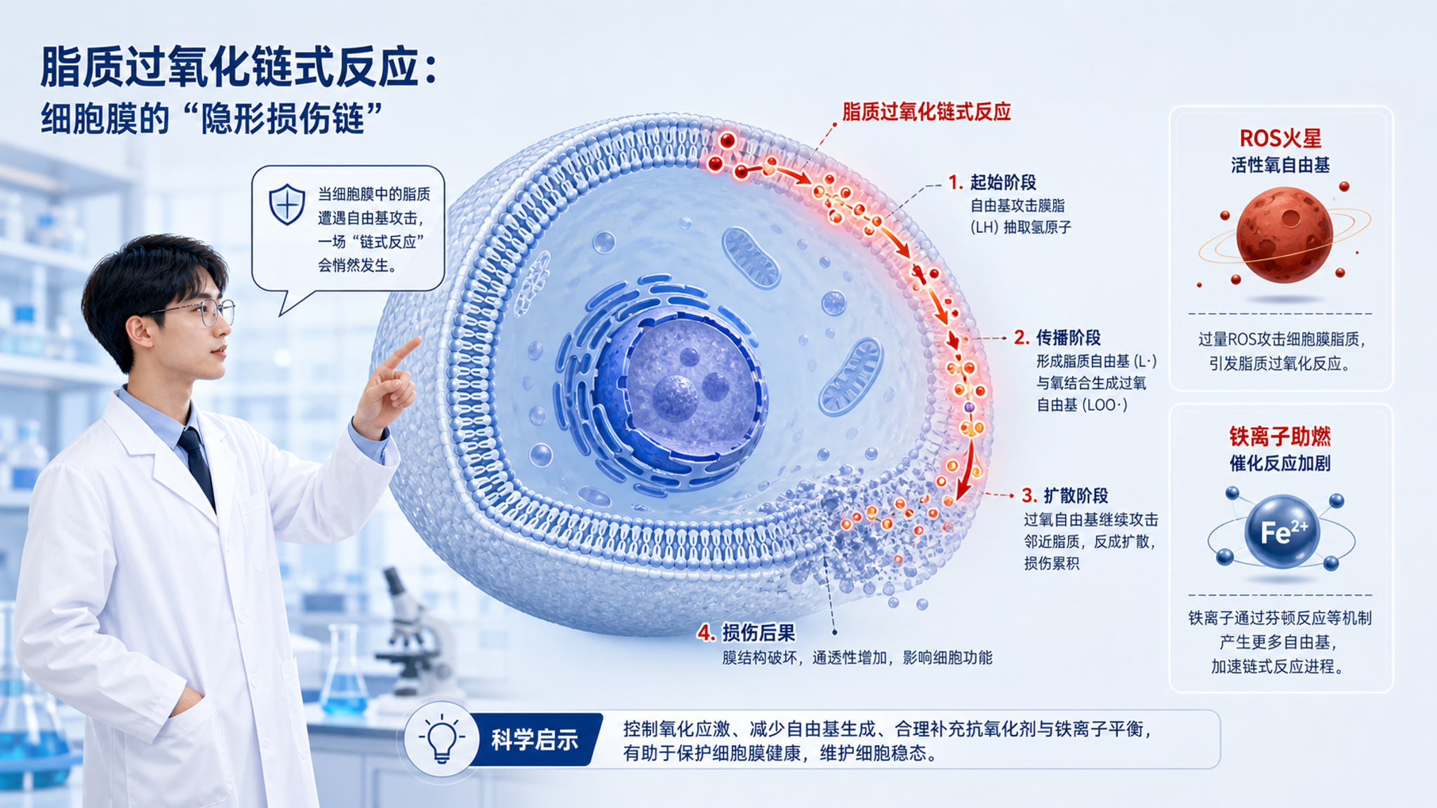 科研蓝白风信息图风格插画，干净背景，画面中心是一枚细胞截面示意图（核心主体），细胞膜以双层脂质结构呈