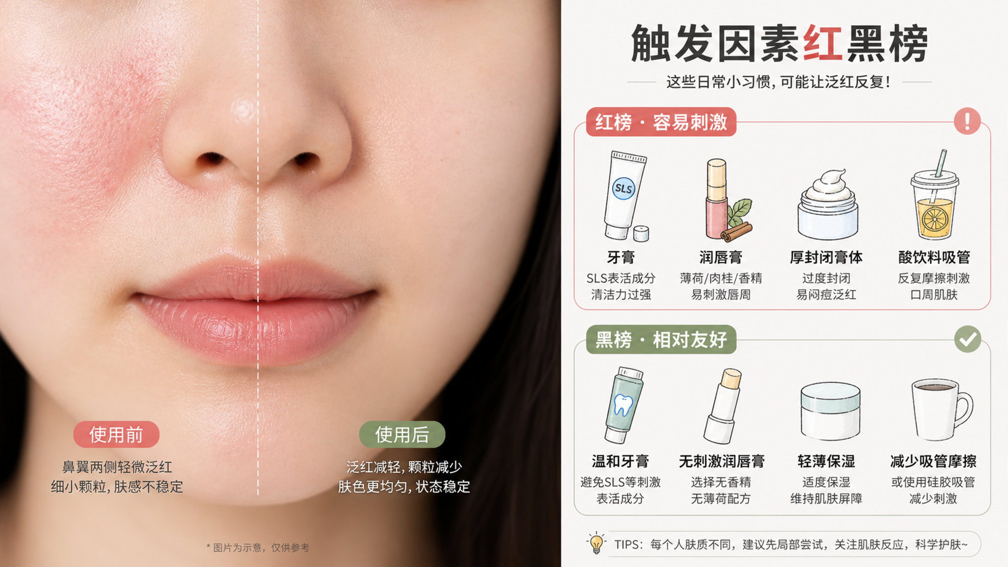 中国年轻女性半脸局部特写构图，画面聚焦鼻翼两侧与嘴角区域，展示轻微泛红与细小颗粒的前后对比（左侧偏红