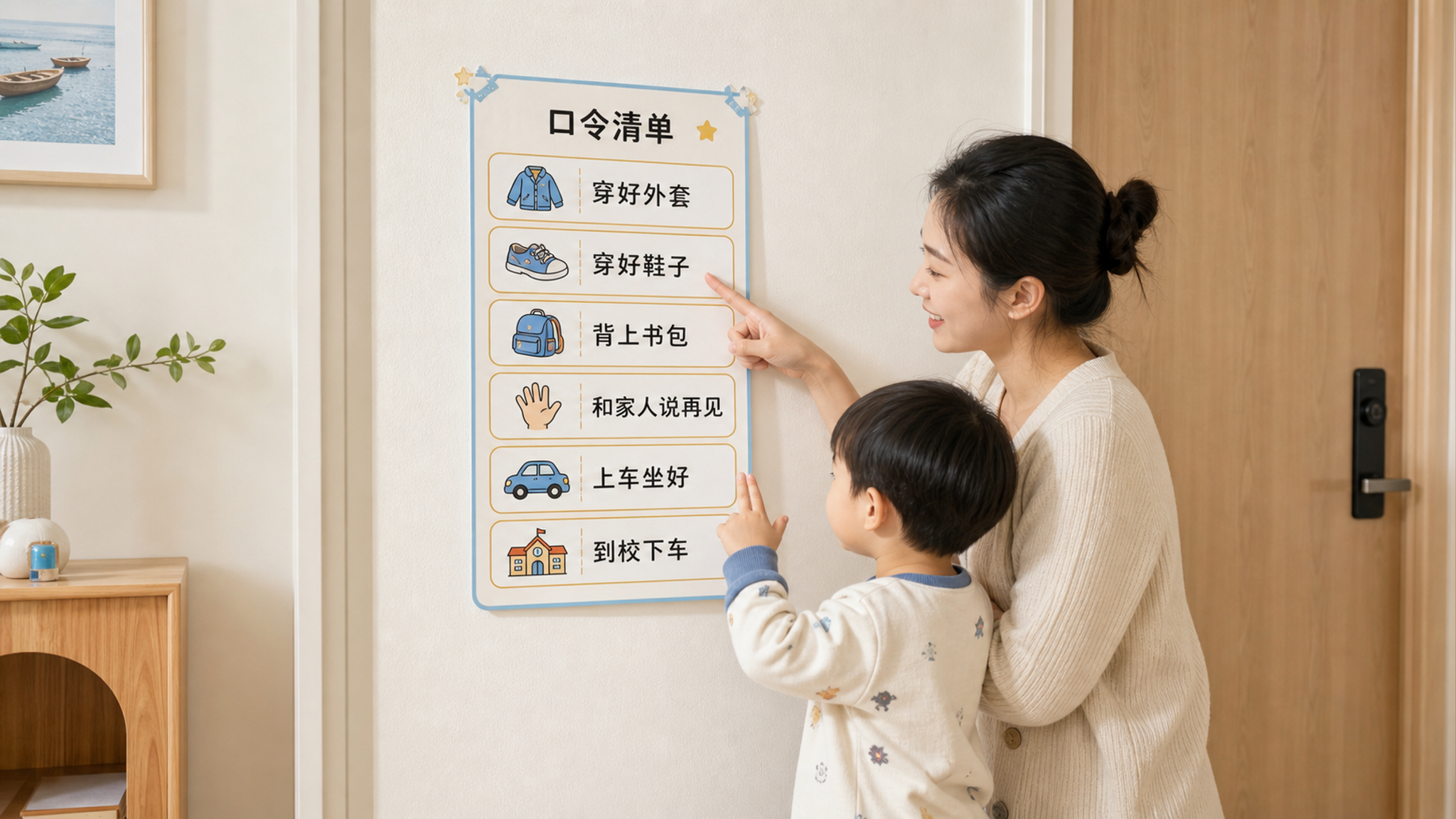 中国年轻妈妈在家中玄关的墙面前,和一位中国2-3岁幼儿一起把“口令清单”贴在墙上,清单为图标化贴纸和