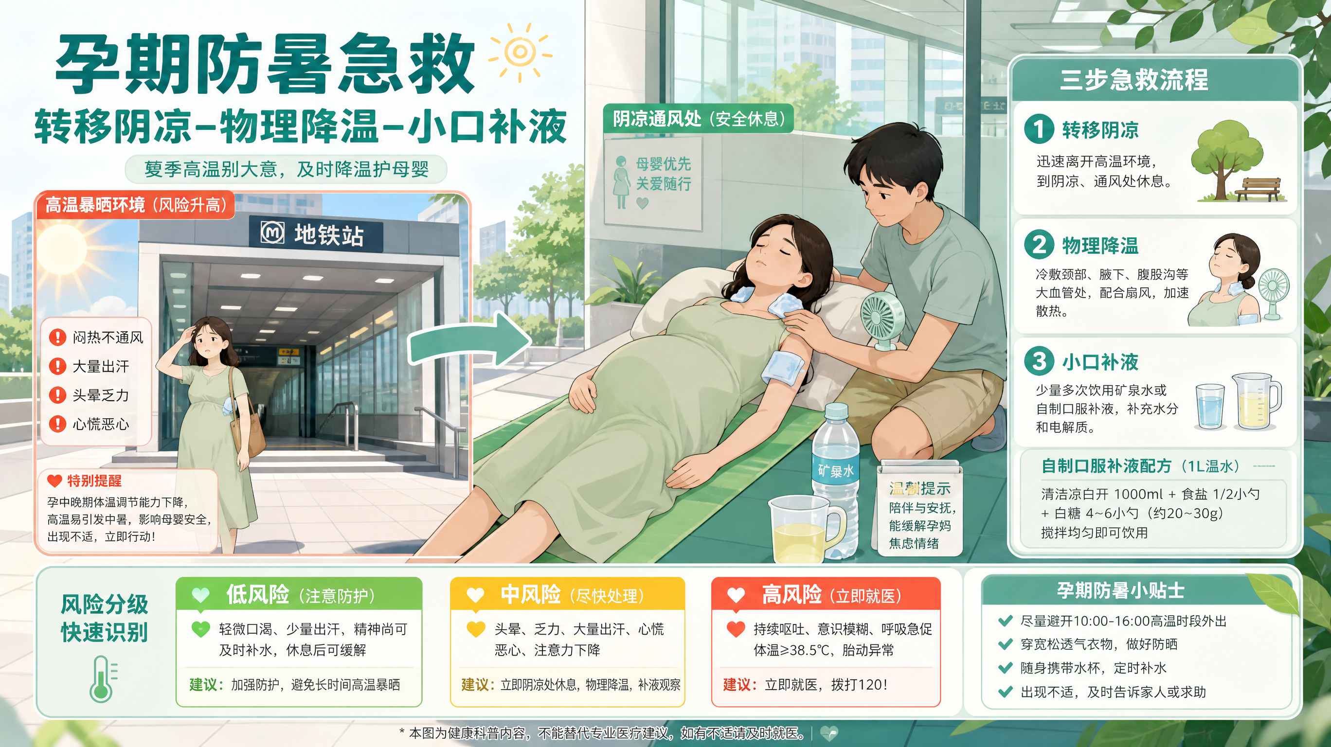 清爽薄荷绿与蓝色调的健康科普插画海报，场景为夏季地铁口与阴凉处对比；中国孕妇（孕中晚期）在阴凉通风处
