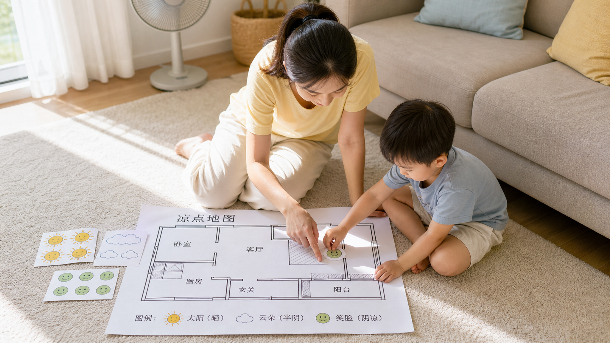 中国年轻妈妈和中国幼儿在家中客厅地毯上一起制作“凉点地图”,地面铺开简洁的家庭平面示意图纸,旁边有太