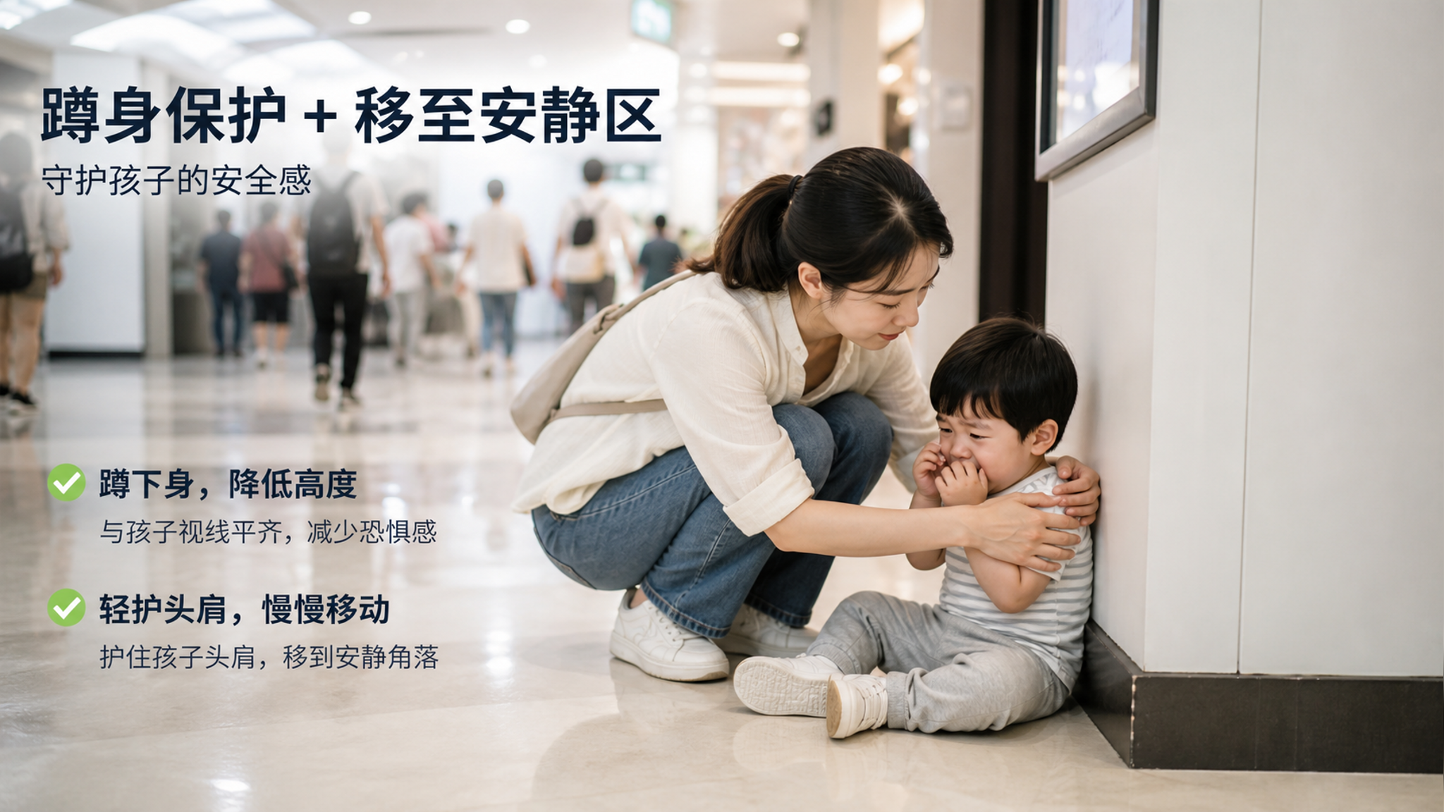 中国商场走廊场景,背景人群景深虚化,前景一位中国年轻妈妈半蹲在地面旁,身体微微前倾形成保护姿态,轻轻