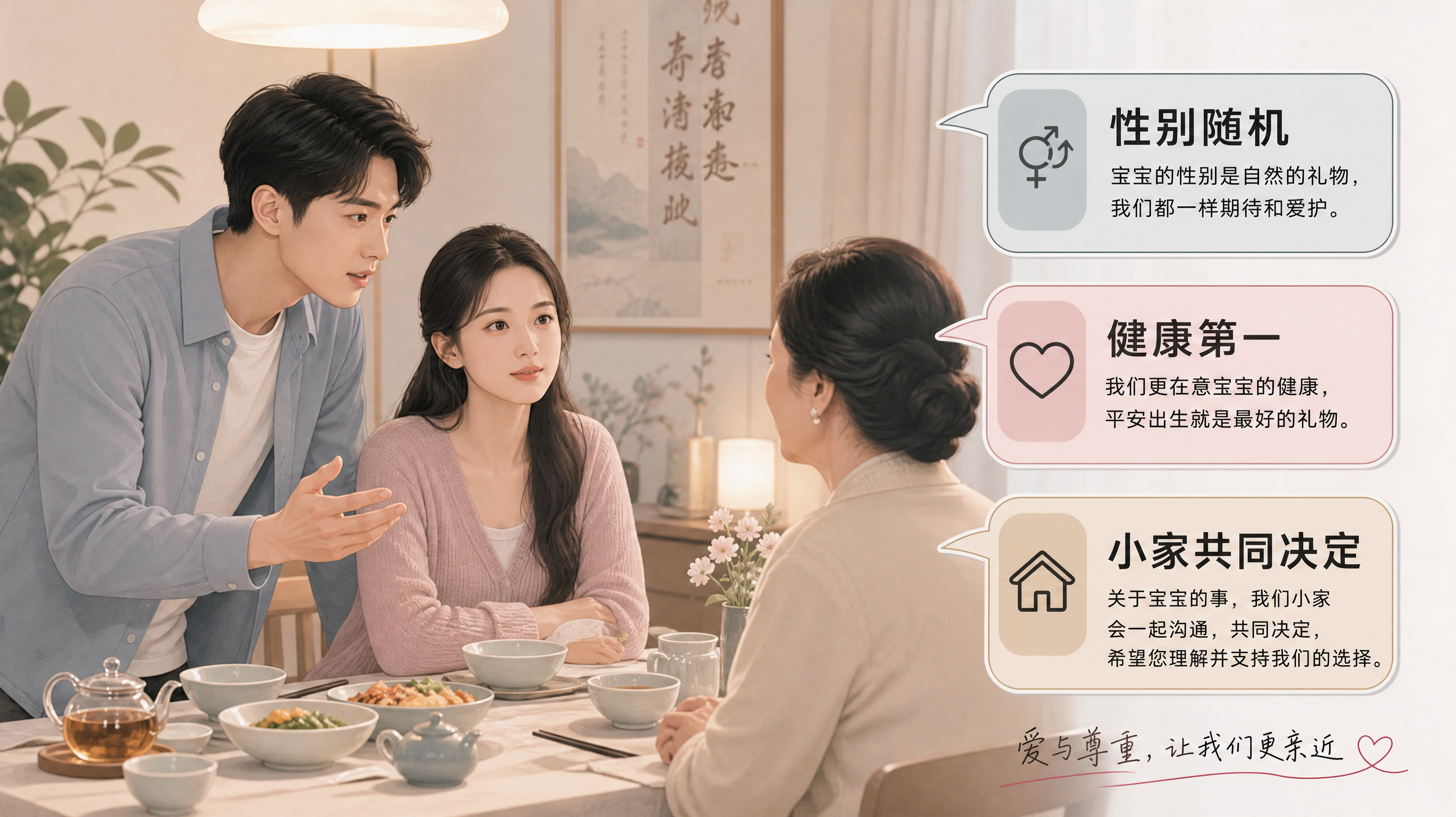 中国年轻夫妻在家庭餐桌旁与长辈沟通的场景，年轻妻子表情平静坚定，年轻丈夫微微前倾站在妻子侧前方承担沟