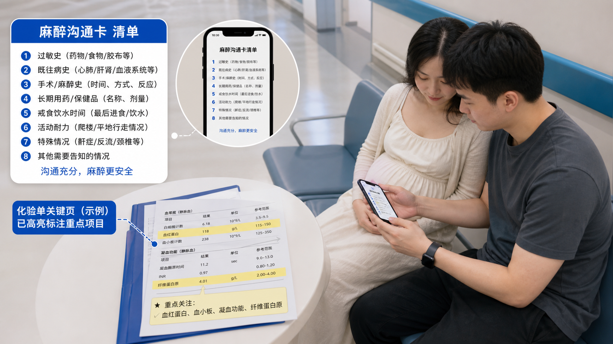 中国年轻孕妇坐在医院候诊区的椅子上，旁边中国年轻准爸爸拿着手机一起核对“麻醉沟通卡”清单，手机屏幕展