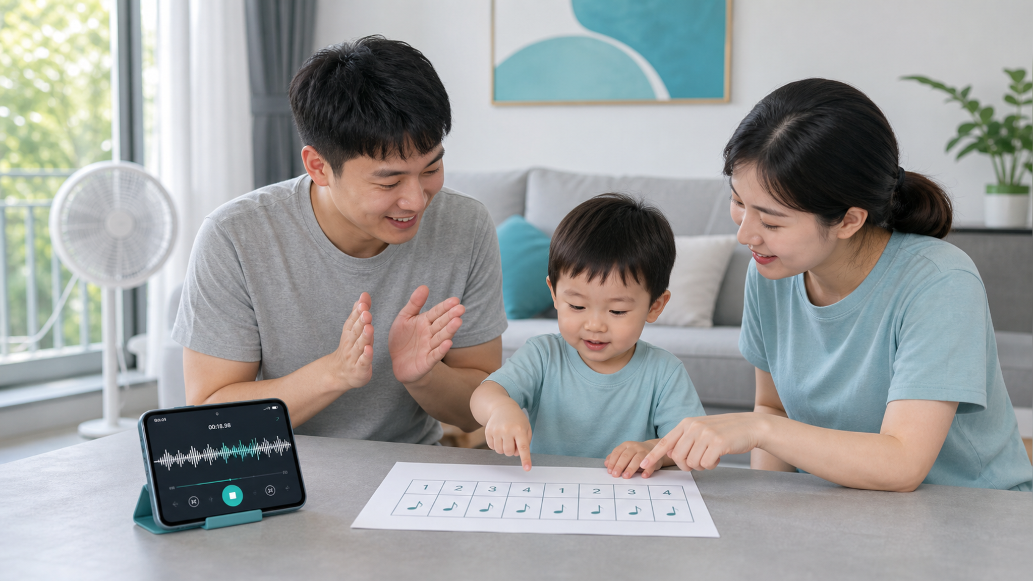 中国年轻父母与1-3岁中国幼儿在夏日明亮客厅里进行亲子音乐游戏,桌面放着手机正在录音并显示简洁声波形
