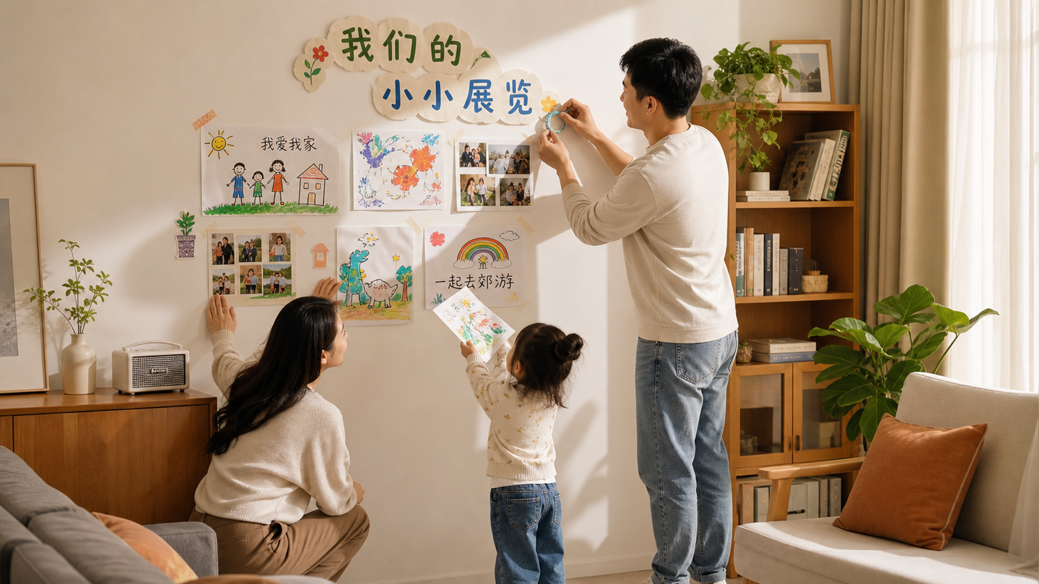 中国年轻爸爸妈妈与一位中国学龄前儿童在家中客厅墙面前布置“家庭小展墙”,墙上贴着几张孩子的涂鸦作品和