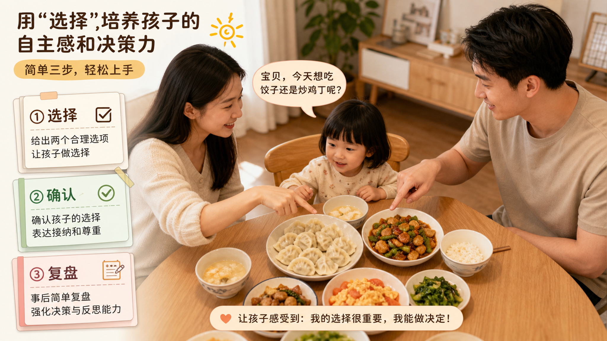 中国年轻父母与一名中国幼儿在家中餐桌吃晚饭场景,桌上有饺子与家常菜,父母与孩子面对面坐着,父母温和地