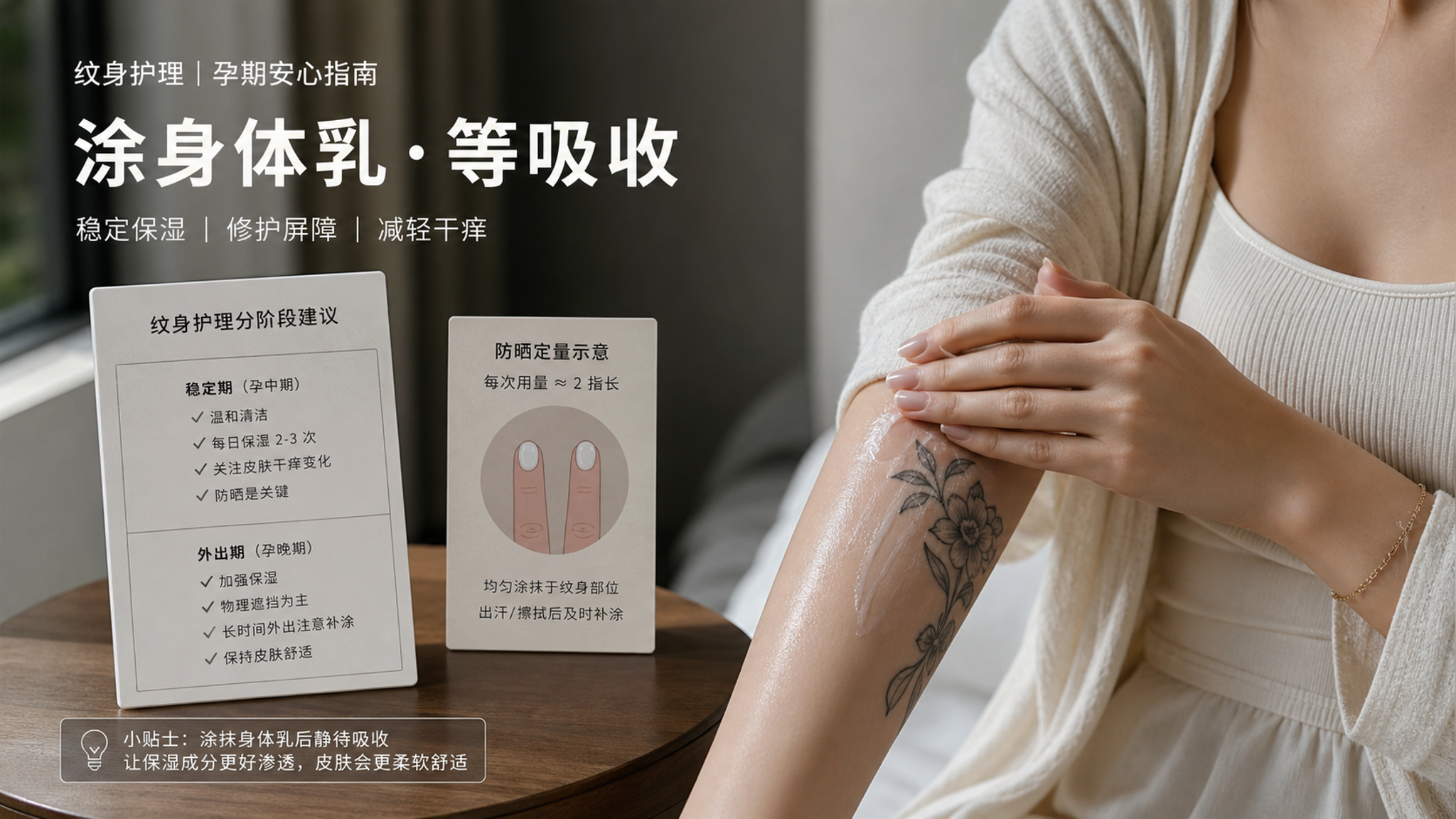 中国年轻孕妈在家中靠窗的卧室或客厅,穿着简洁浅色家居服,正在给前臂纹身部位薄涂无香身体乳并等待吸收,