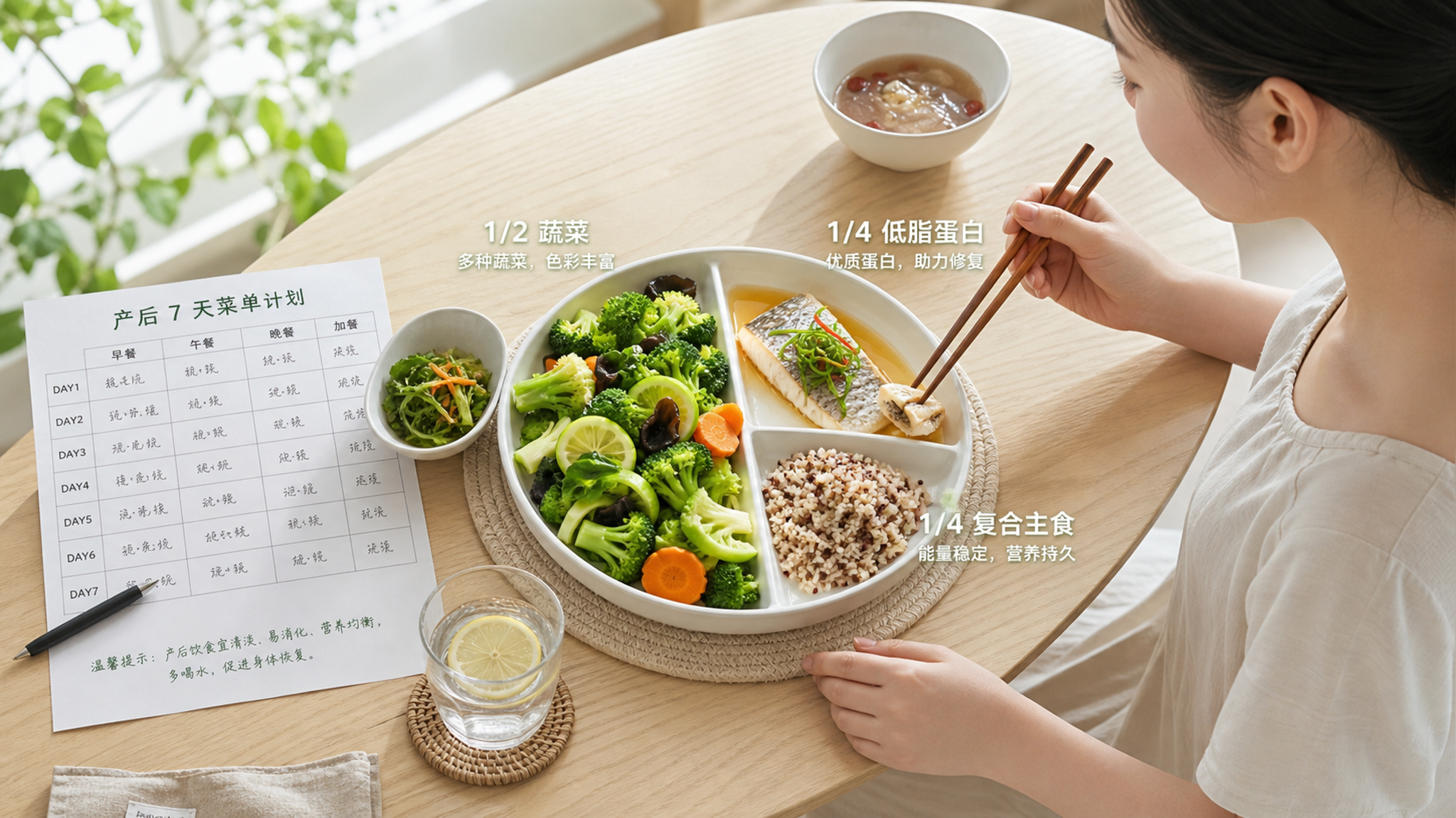 中国年轻妈妈在夏季明亮的家中餐厅准备产后餐盘，桌上摆放一个分区清晰的餐盘，呈现“1/2蔬菜、1/4低