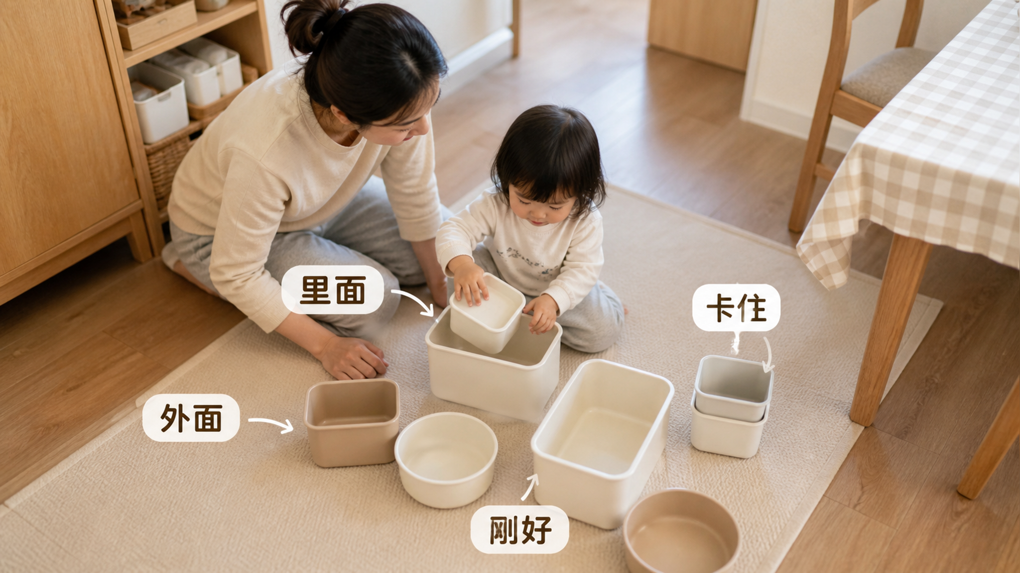 中国家庭客厅或餐厅的收纳角落,干净整洁的居家环境,中国年轻妈妈半蹲在地垫旁陪中国幼儿玩收纳盒嵌套,地