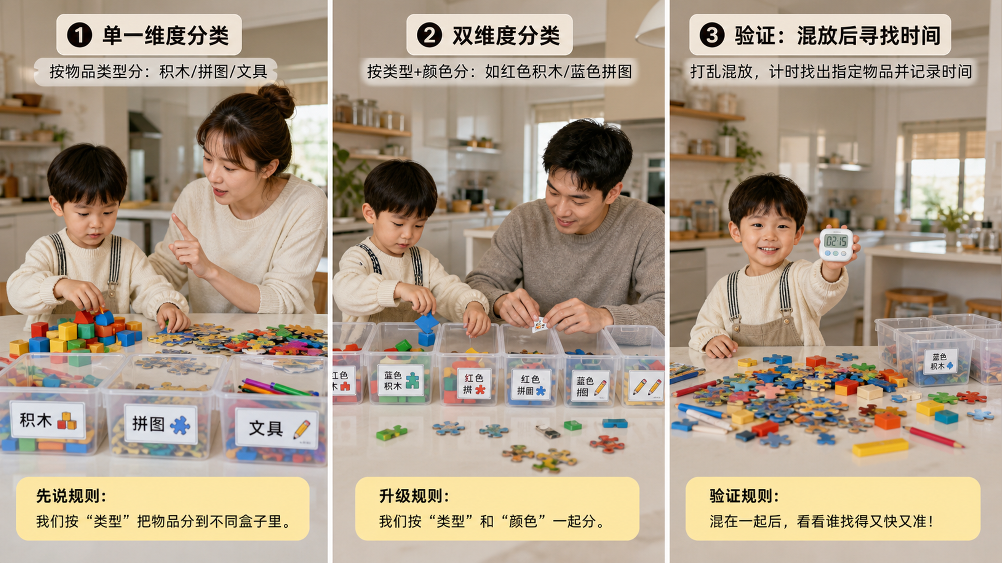 中国年轻父母与一名3-6岁中国幼儿在家庭客厅与厨房连通的台面旁进行玩具分类收纳训练，桌面上有一堆积木