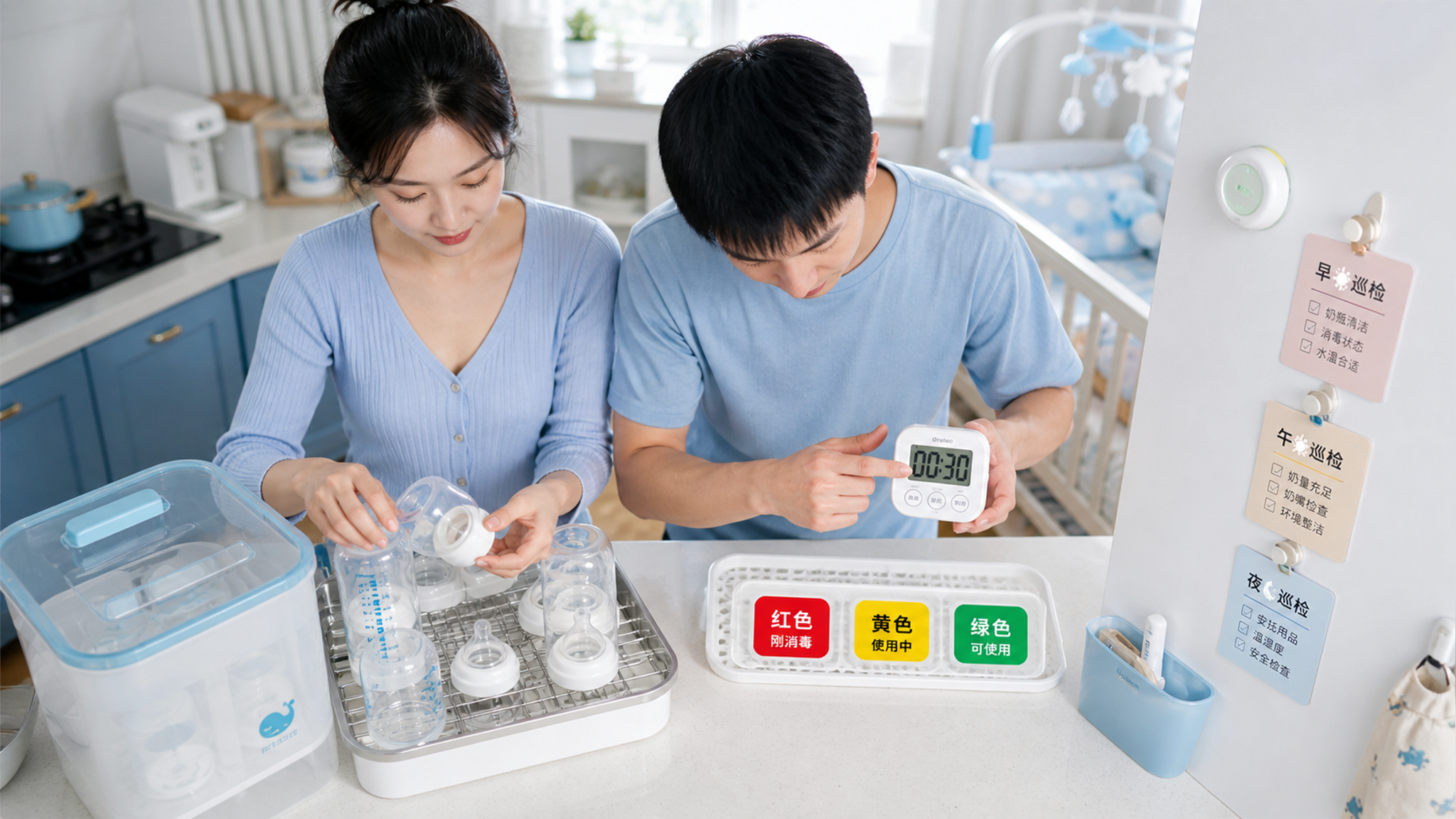 中国年轻父母在家中厨房与育婴区交界处进行新生儿护理整理，妈妈在台面上整理奶瓶和消毒盒，爸爸用厨房计时
