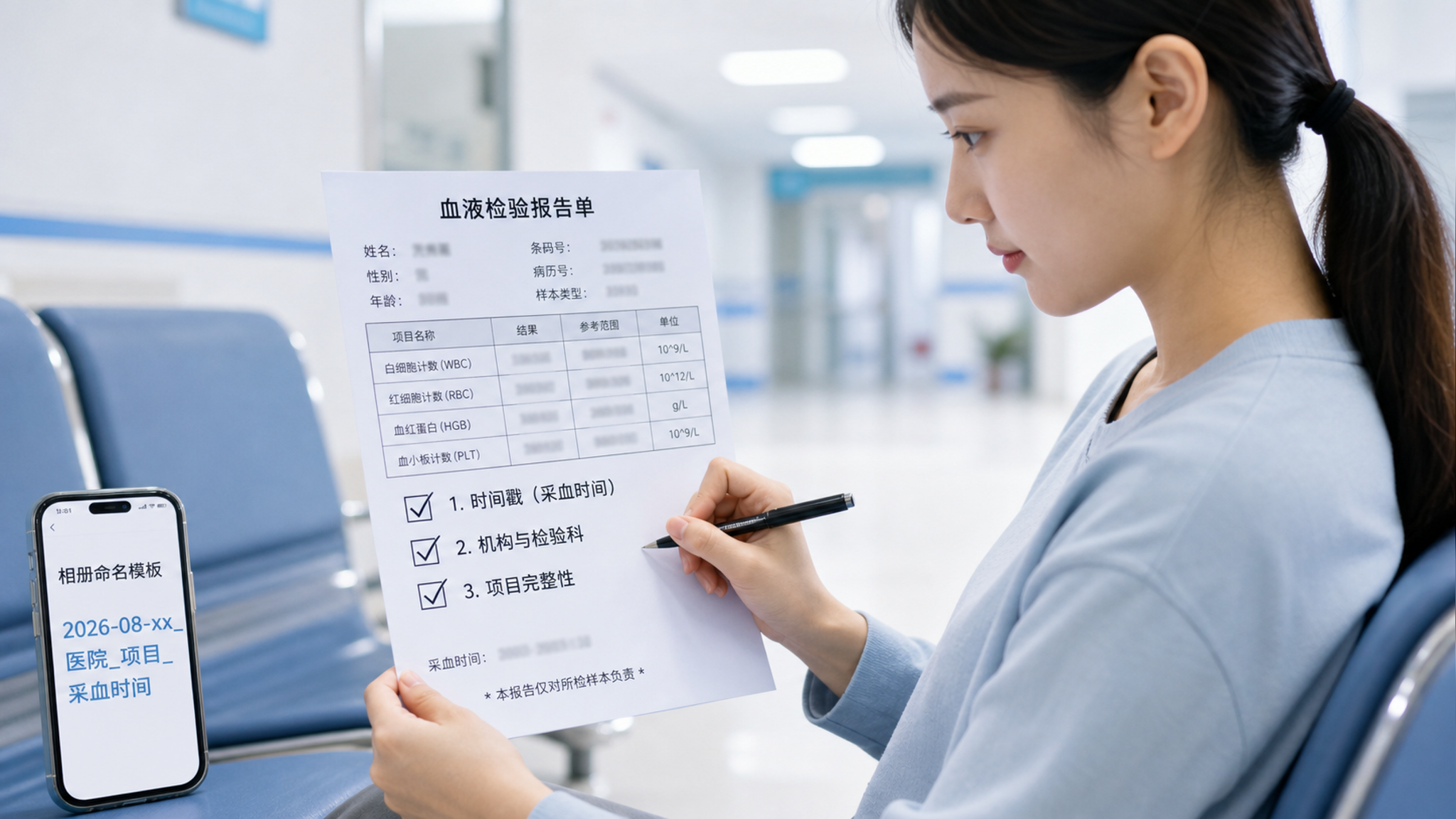 中国年轻女性在医院走廊的座椅旁，手里拿着一张已打码的血检报告单，用黑色签字笔在报告单上勾选三个清单项