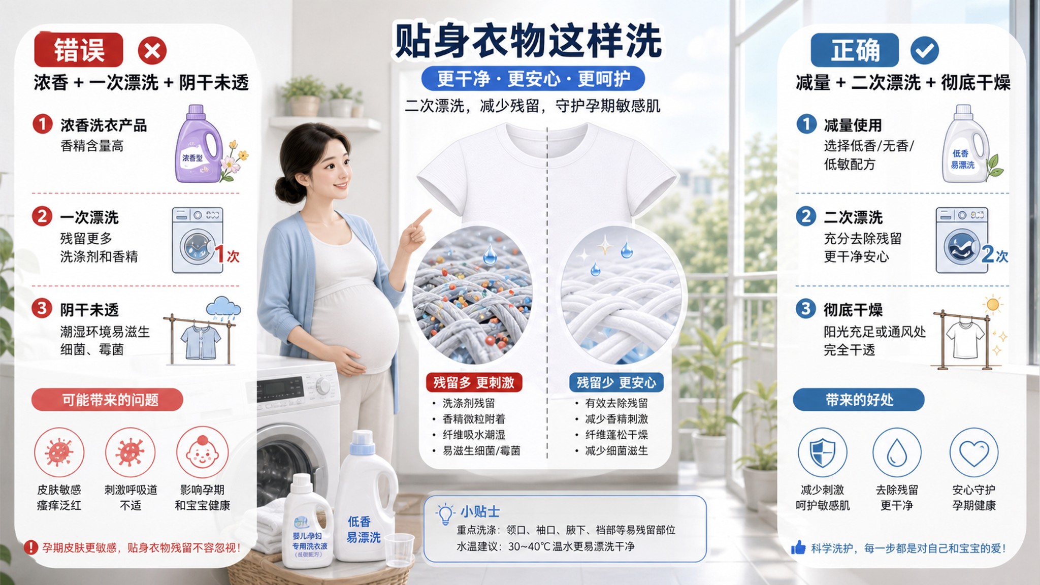 实验室科普风的生活场景插画/信息图,中国年轻孕妇在洗衣机旁演示“二次漂洗”,旁边有一件白色贴身T恤作