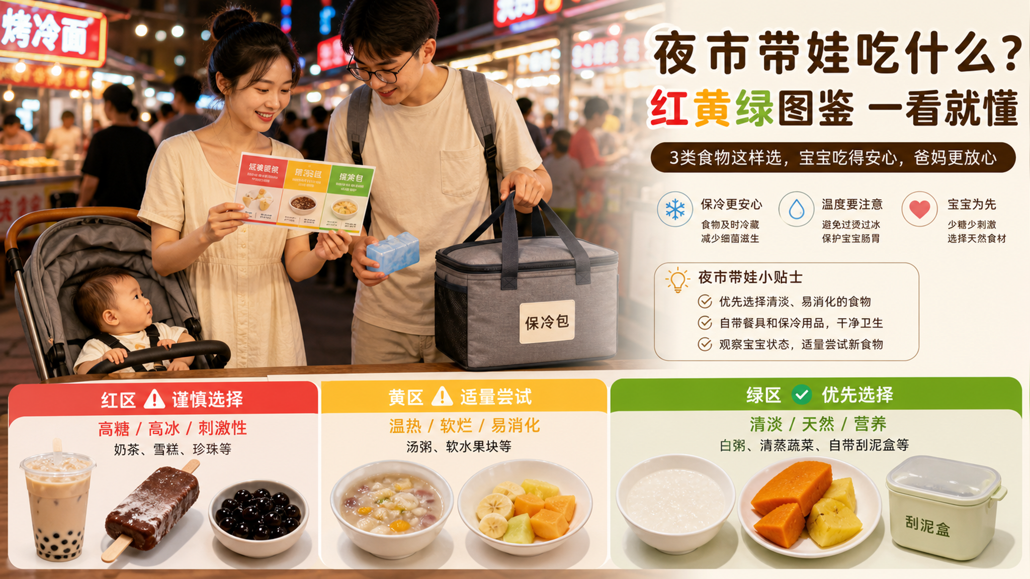 带7-12月龄宝宝逛夜市：冰品红黄绿避坑清单+自带清凉替代
