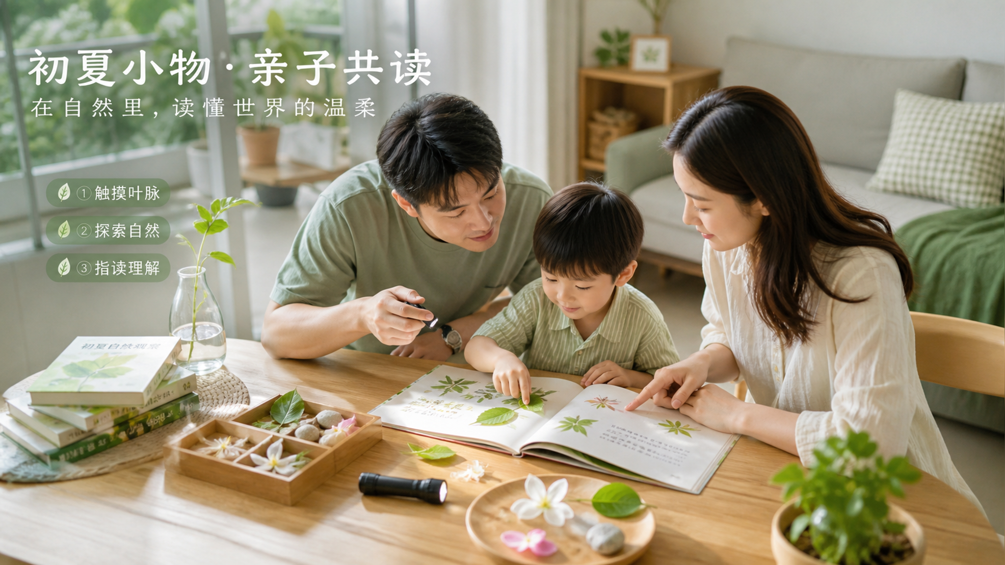 中国年轻父母与一名中国3-6岁幼儿在家中木质餐桌旁进行亲子共读与感官互动，桌面摆放绘本打开的书页、薄