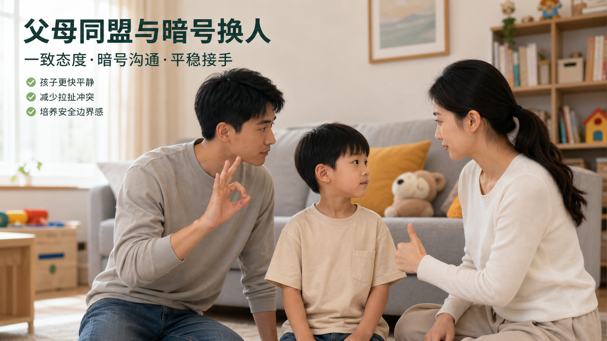 中国年轻父母与一名中国学龄前儿童在家庭客厅,父母站在孩子两侧保持一致态度,爸爸用轻微手势做“换人暗号