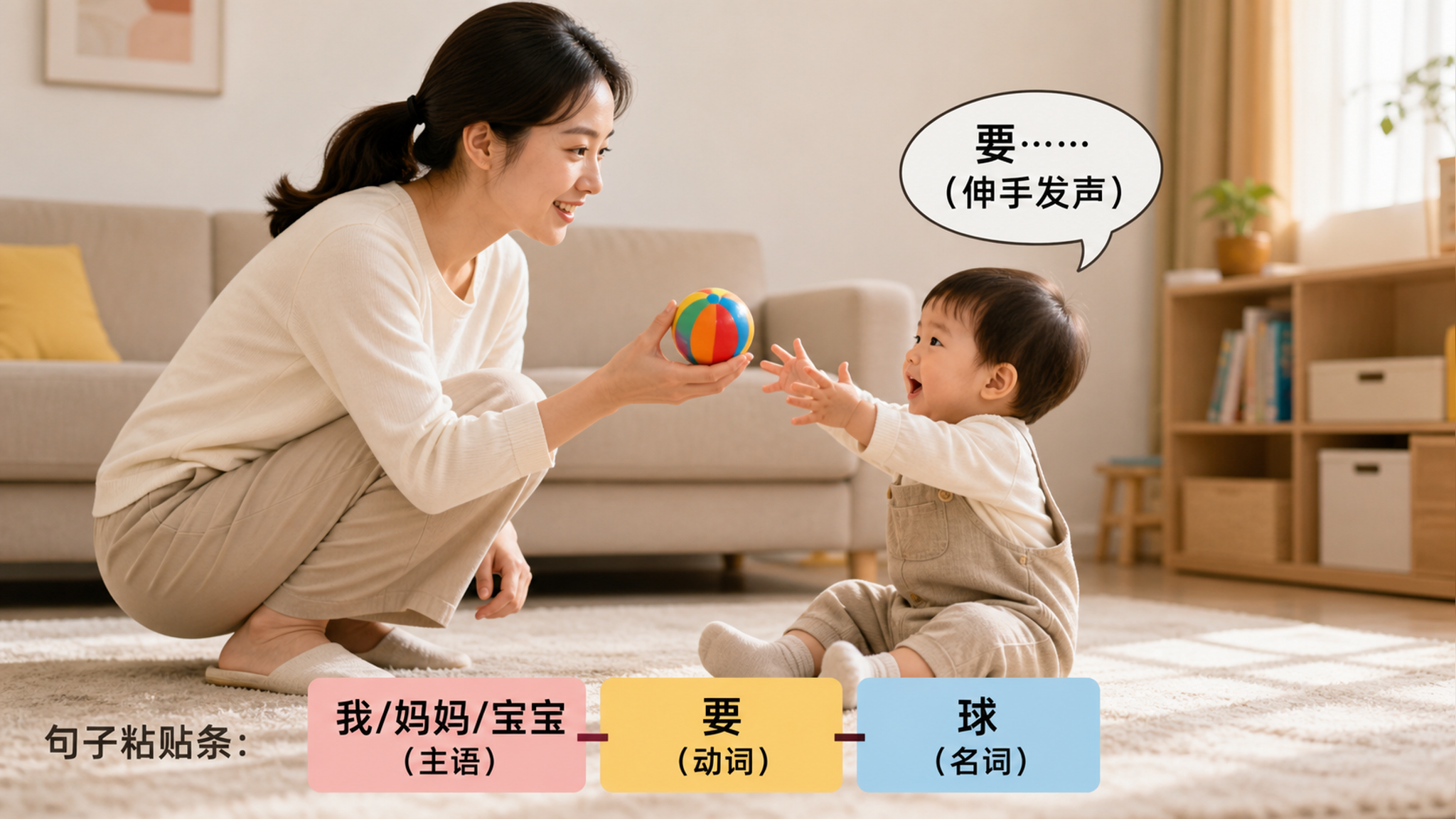 中国年轻妈妈和1-2岁中国幼儿在明亮整洁的客厅地毯上互动,妈妈半蹲与孩子平视,手里拿着一个彩色小球,