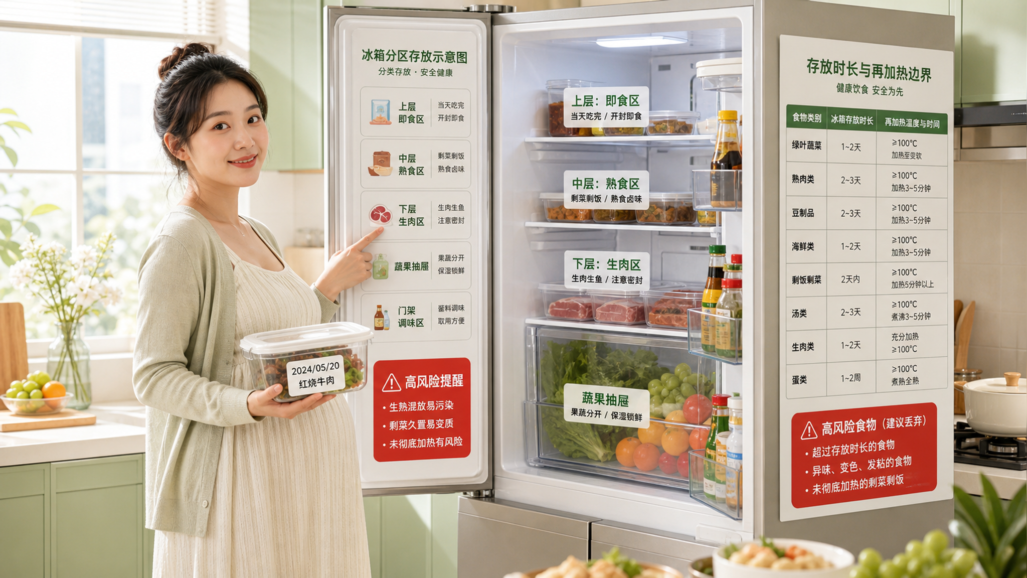 中国年轻孕妇站在家庭厨房打开冰箱门，一只手拿着带日期标签的保鲜盒，另一只手指向冰箱分区示意贴纸；冰箱
