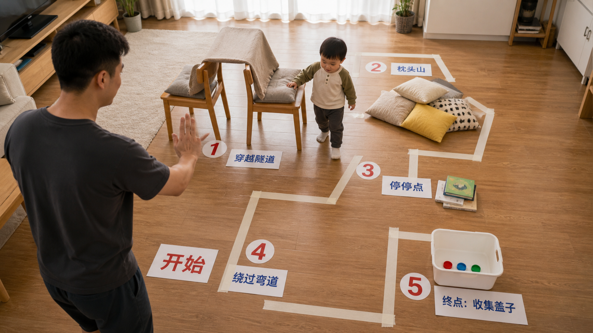 中国家庭客厅场景,木地板或地毯区域,俯拍构图,地面用纸胶带贴出清晰的障碍赛路线并标注1-5编号,包含