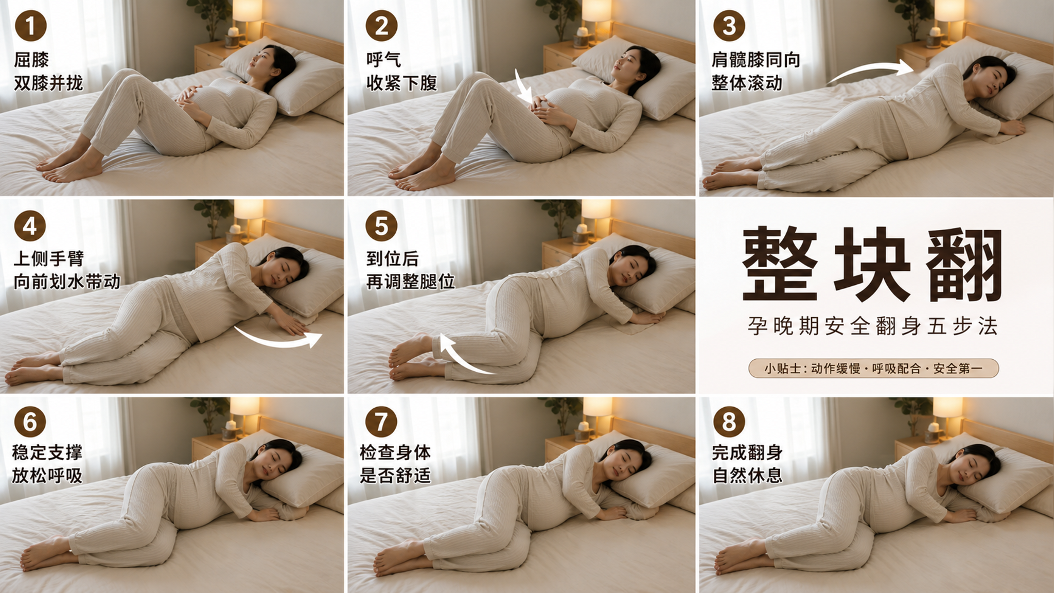 孕晚期翻身别硬拧：5步“整块翻”不拉扯