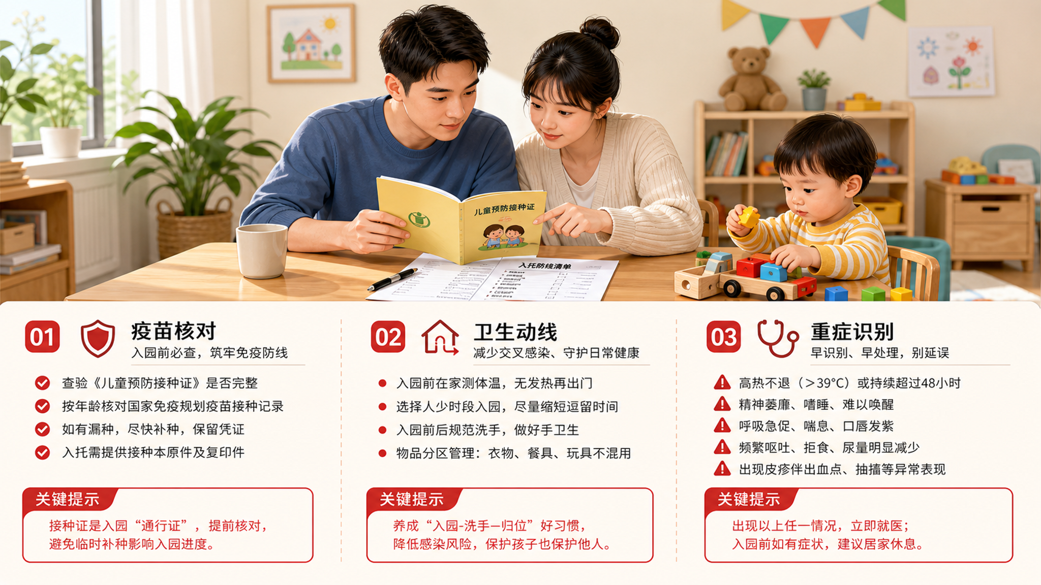 中国幼儿园入园场景插画风信息图，一位中国年轻爸爸和中国年轻妈妈在家中餐桌前核对儿童接种本与“入托防线